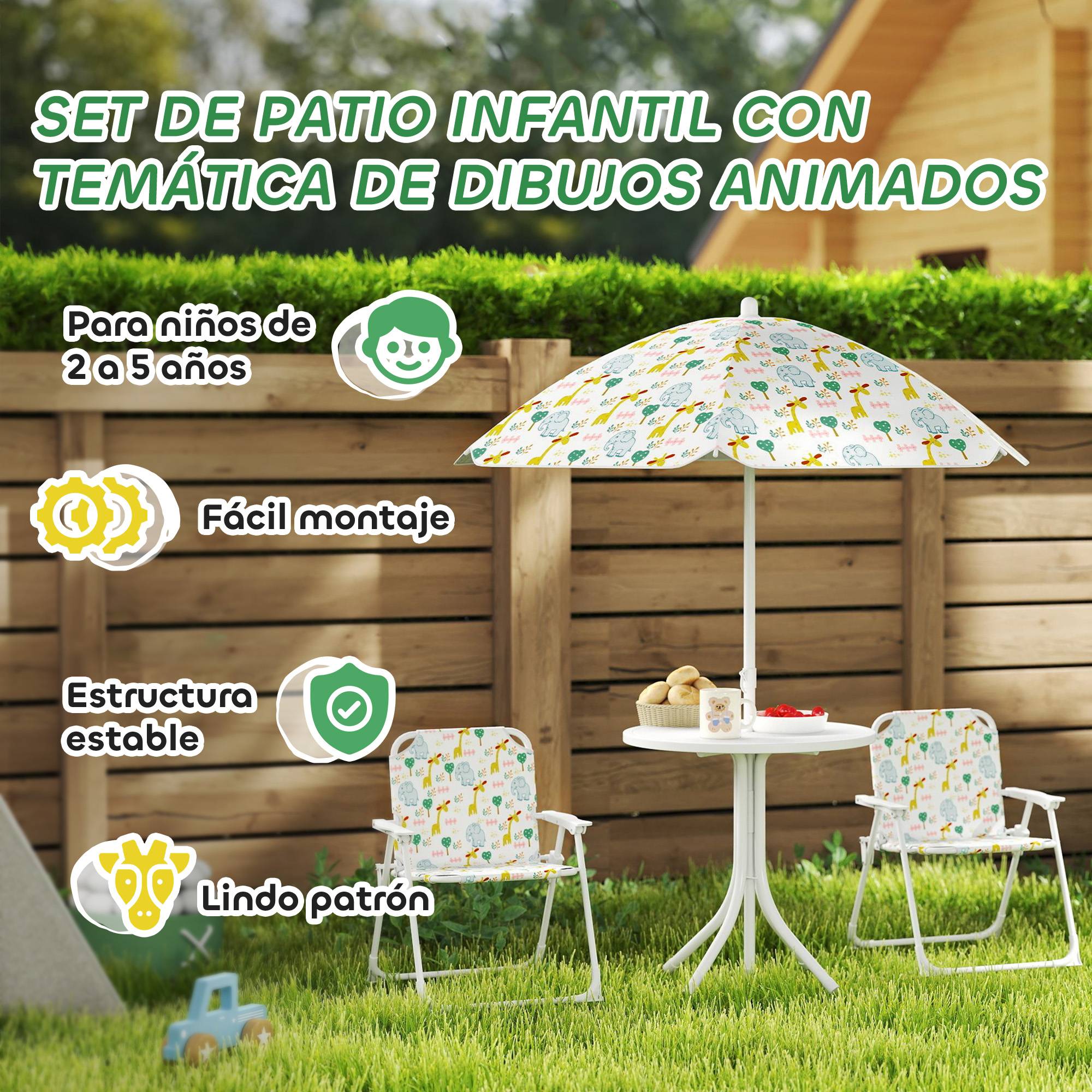 Ensemble table et chaises de jardin pour enfants, 4 pièces, chaises pliantes, parasol réglable, motif éléphant, blanc - Image 9