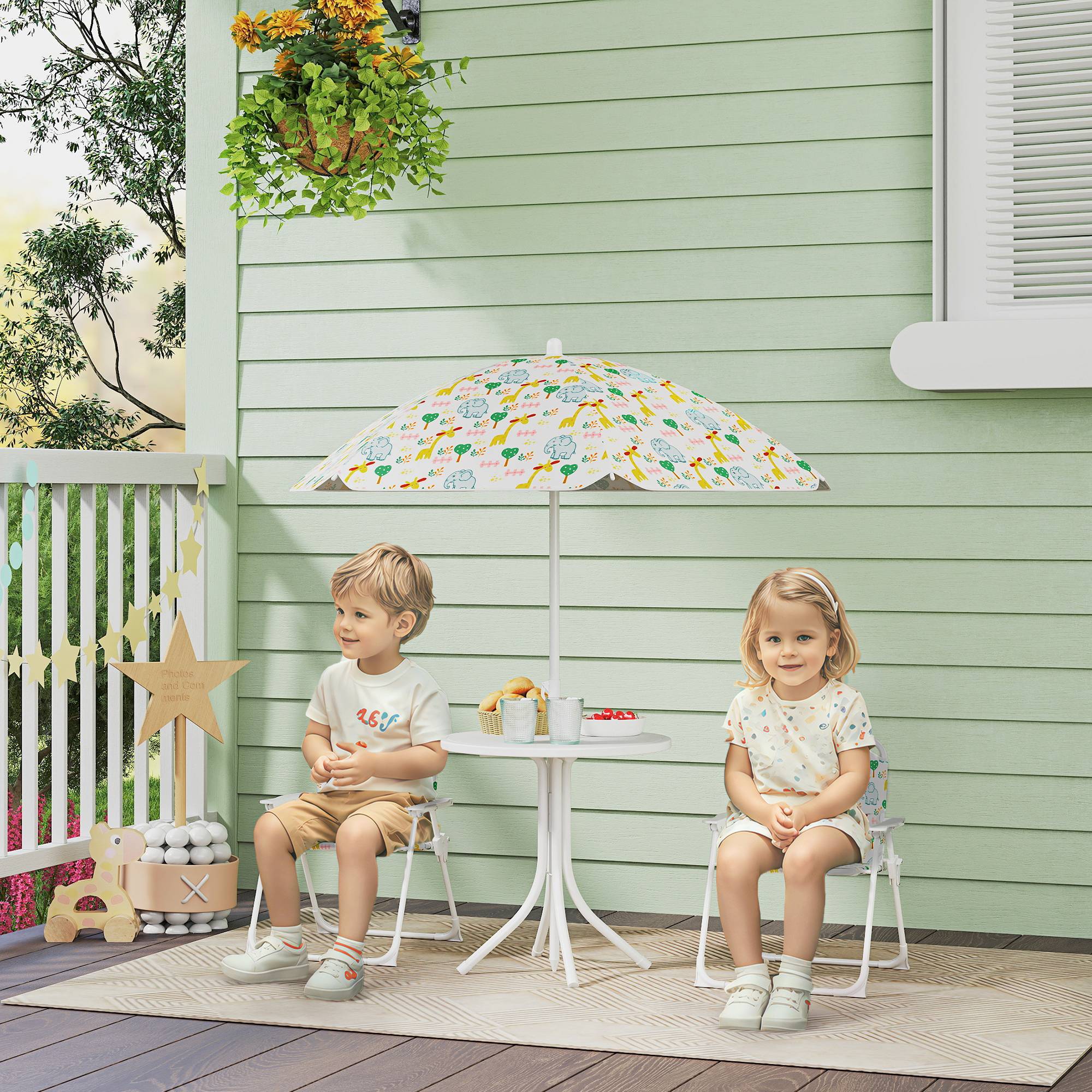 Ensemble table et chaises de jardin pour enfants, 4 pièces, chaises pliantes, parasol réglable, motif éléphant, blanc - Image 3