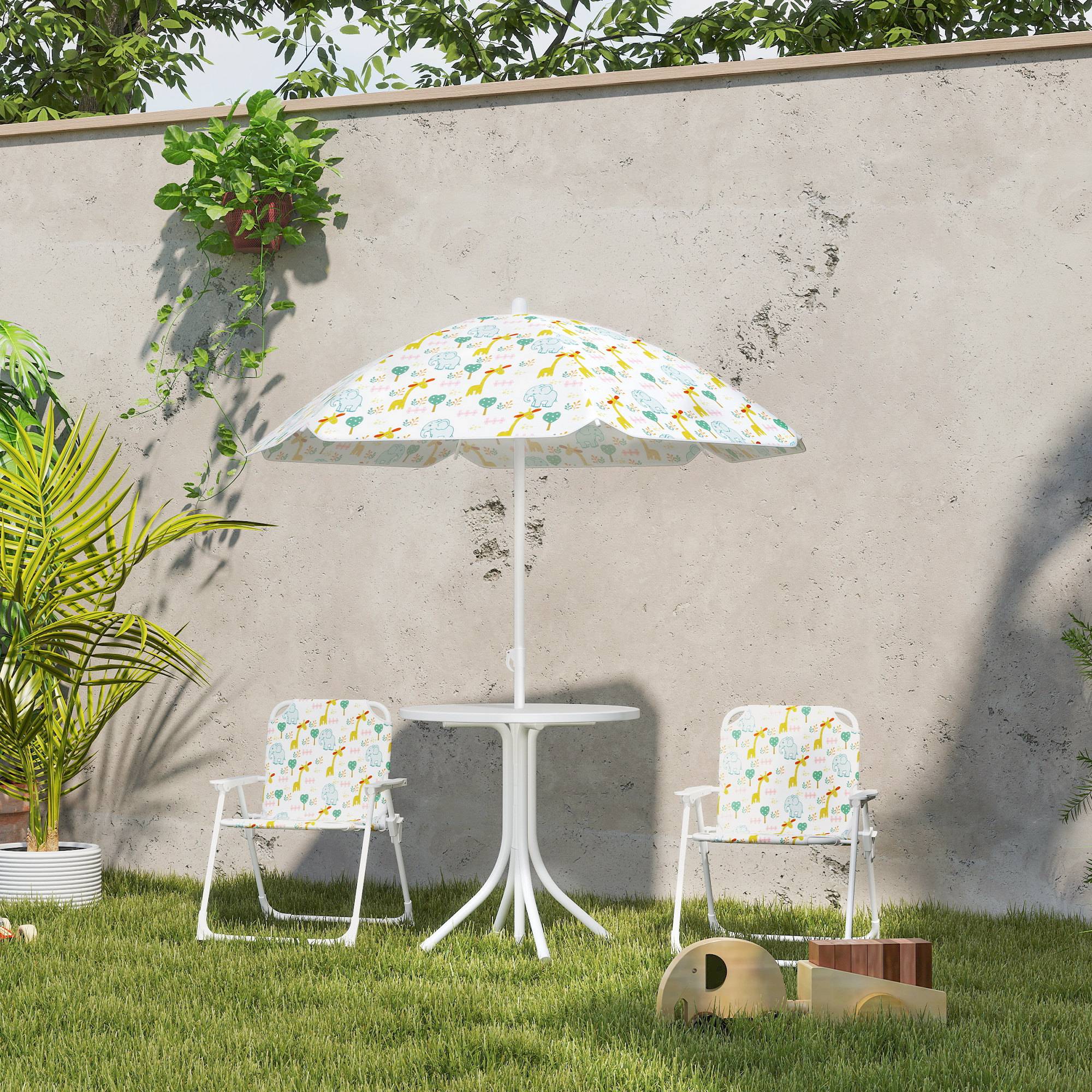 Ensemble table et chaises de jardin pour enfants, 4 pièces, chaises pliantes, parasol réglable, motif éléphant, blanc - Image 4
