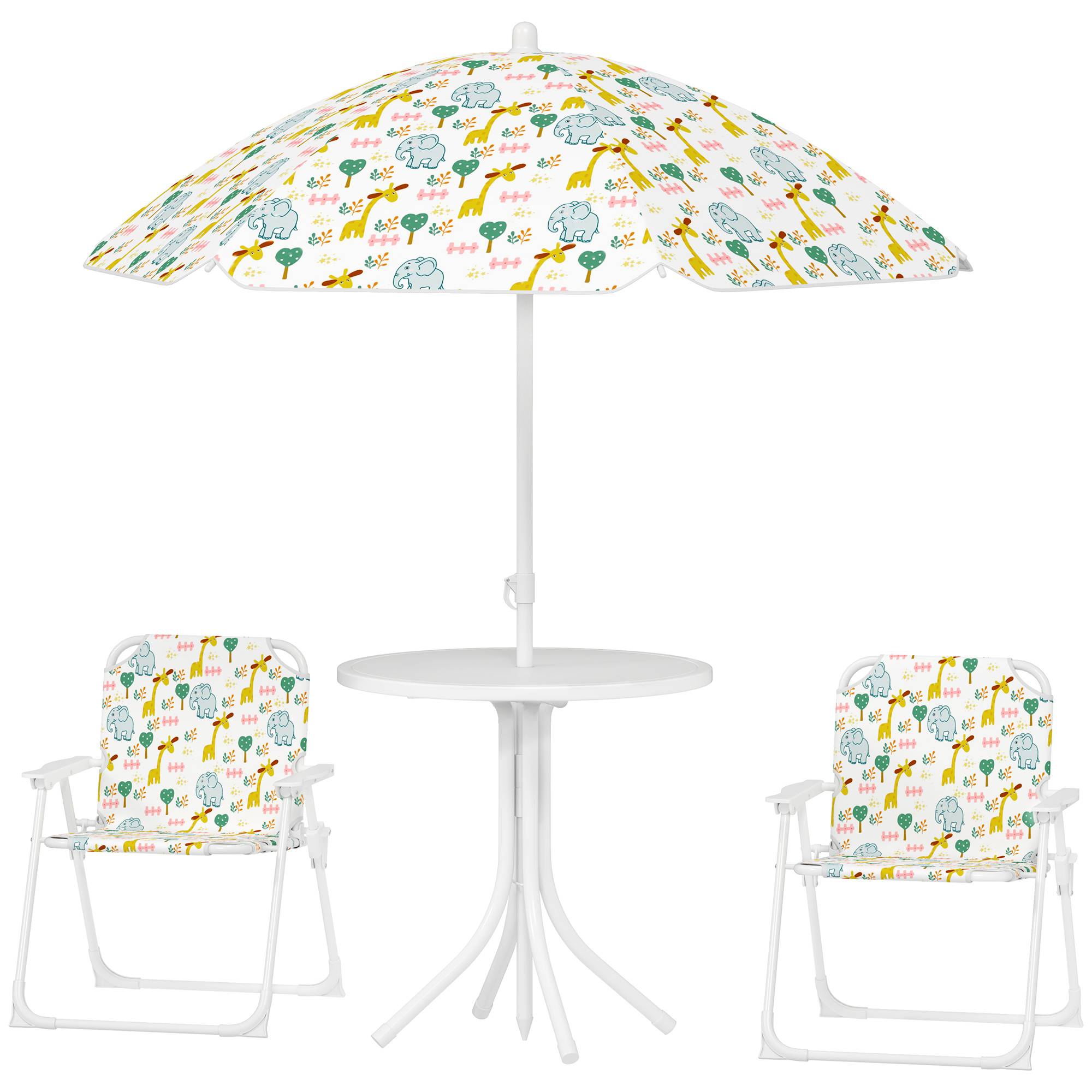 Ensemble table et chaises de jardin pour enfants, 4 pièces, chaises pliantes, parasol réglable, motif éléphant, blanc - Image 2