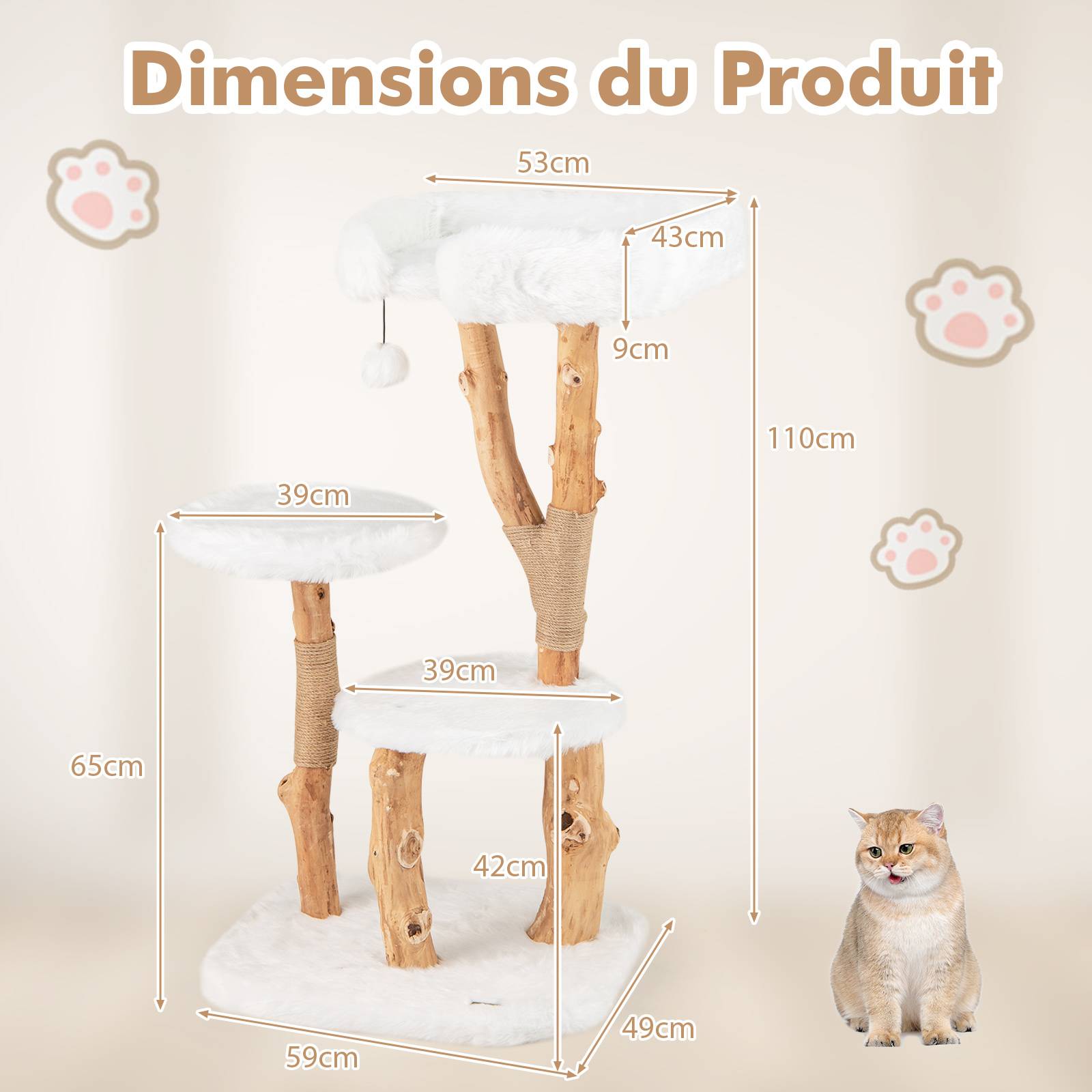 Arbre a Chat XXL 110 cm, 3 Plateformes, 2 Poteaux à Griffer en Jute, Pompon, Bois de Poirier, Tissu Pelucheux Long, 59 × 49 × 110 cm (110 cm) - Image 1