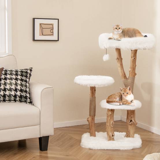 Arbre a Chat XXL 110 cm, 3 Plateformes, 2 Poteaux à Griffer en Jute, Pompon, Bois de Poirier, Tissu Pelucheux Long, 59 × 49 × 110 cm (110 cm) - Image 6