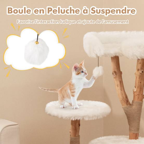 Arbre a Chat XXL 110 cm, 3 Plateformes, 2 Poteaux à Griffer en Jute, Pompon, Bois de Poirier, Tissu Pelucheux Long, 59 × 49 × 110 cm (110 cm) - Image 5