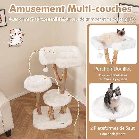 Arbre a Chat XXL 110 cm, 3 Plateformes, 2 Poteaux à Griffer en Jute, Pompon, Bois de Poirier, Tissu Pelucheux Long, 59 × 49 × 110 cm (110 cm) - Image 3
