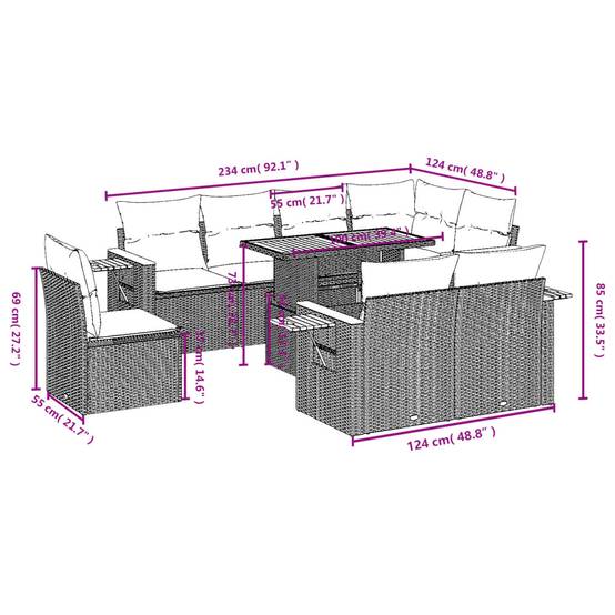 Salon de jardin 9 pcs Beige Résine Tressée Table Relevable et Tablette Pliable – ComfortXL Outdoor Living - Image 3