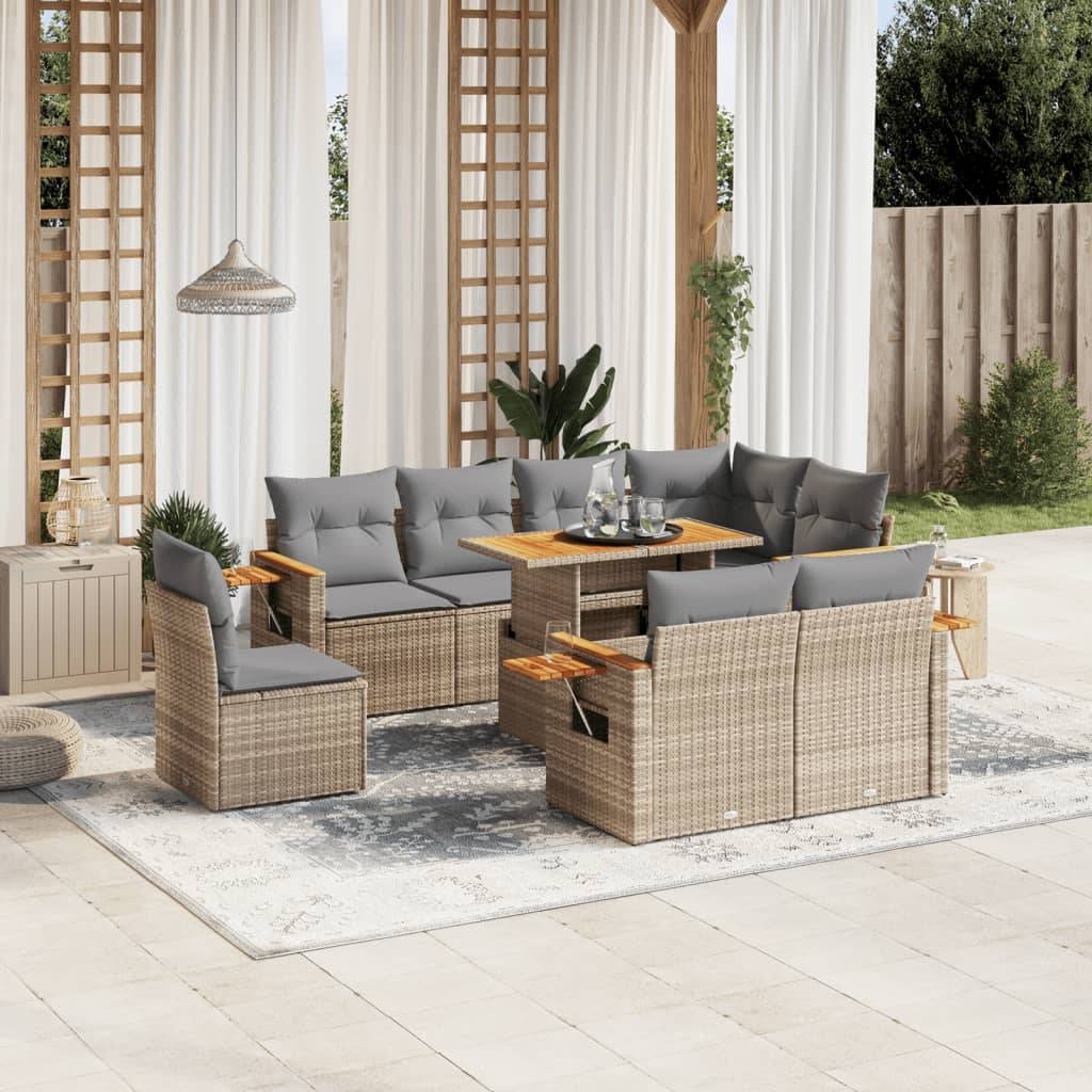 Salon de jardin 9 pcs Beige Résine Tressée Table Relevable et Tablette Pliable – ComfortXL Outdoor Living - Image 1