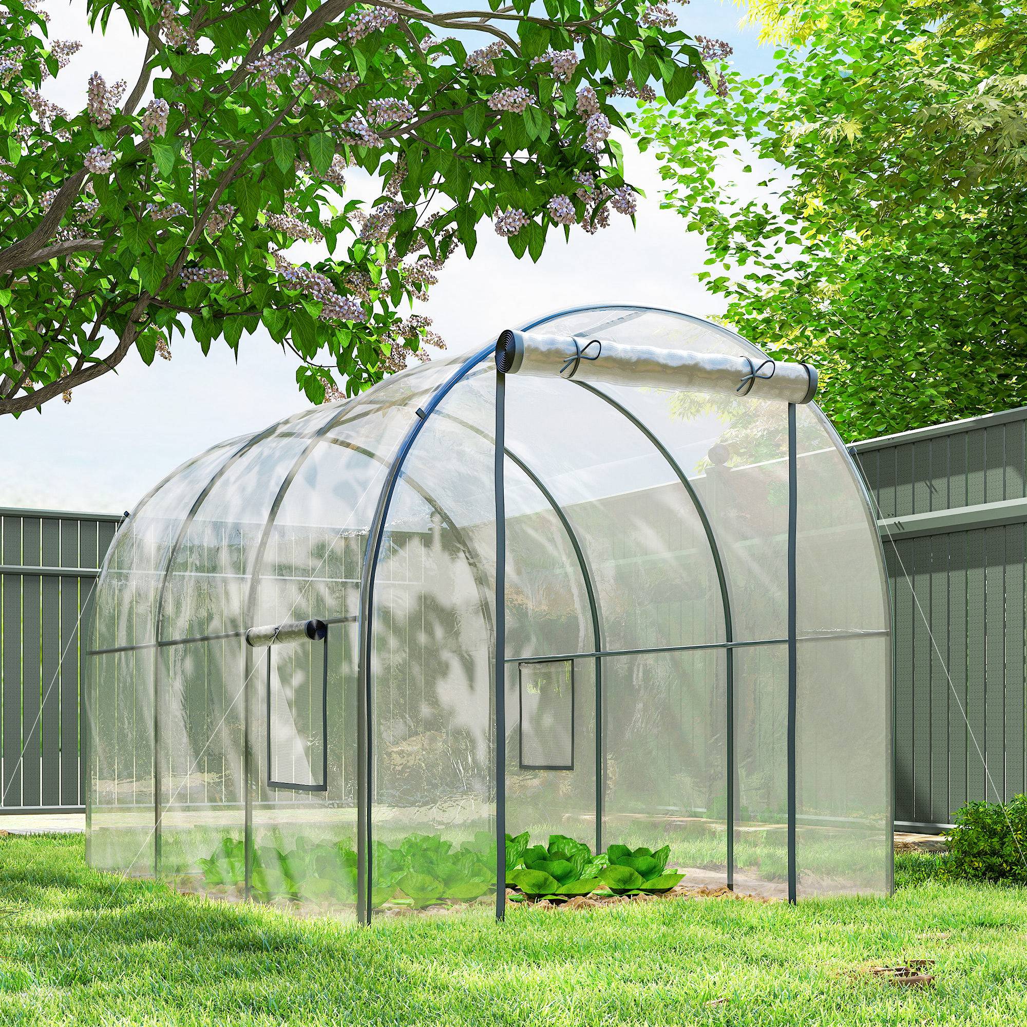 Serre tunnel transparente 6m² 3 x 2 x 2 m, châssis tubulaire renforcé, porte zippée et 2 fenêtres enroulables - Image 4