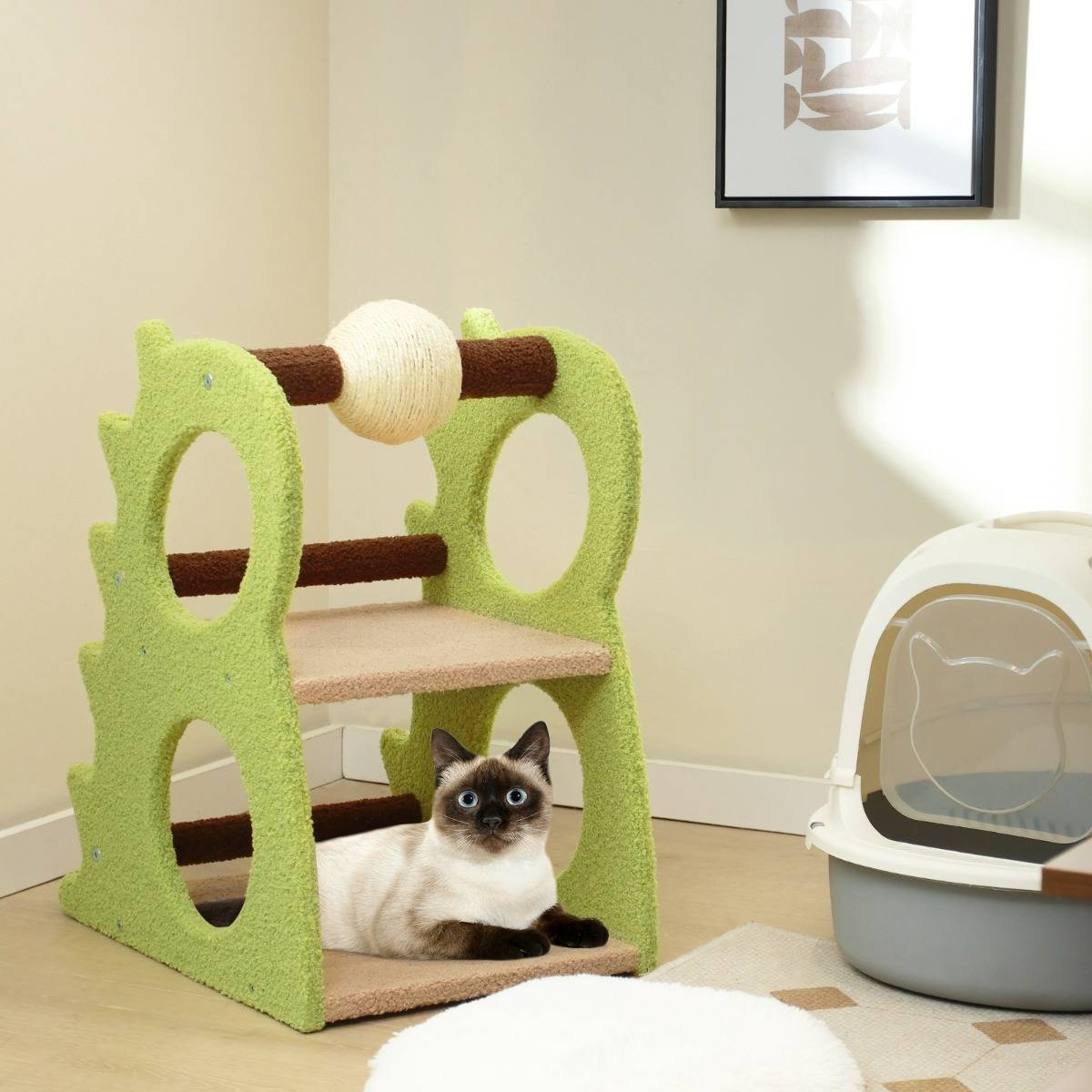 Arbre à Chat à 2 Niveaux pour Chats d'Intérieur en Dinosaure avec Balle Rotative en Sisal - Image 3