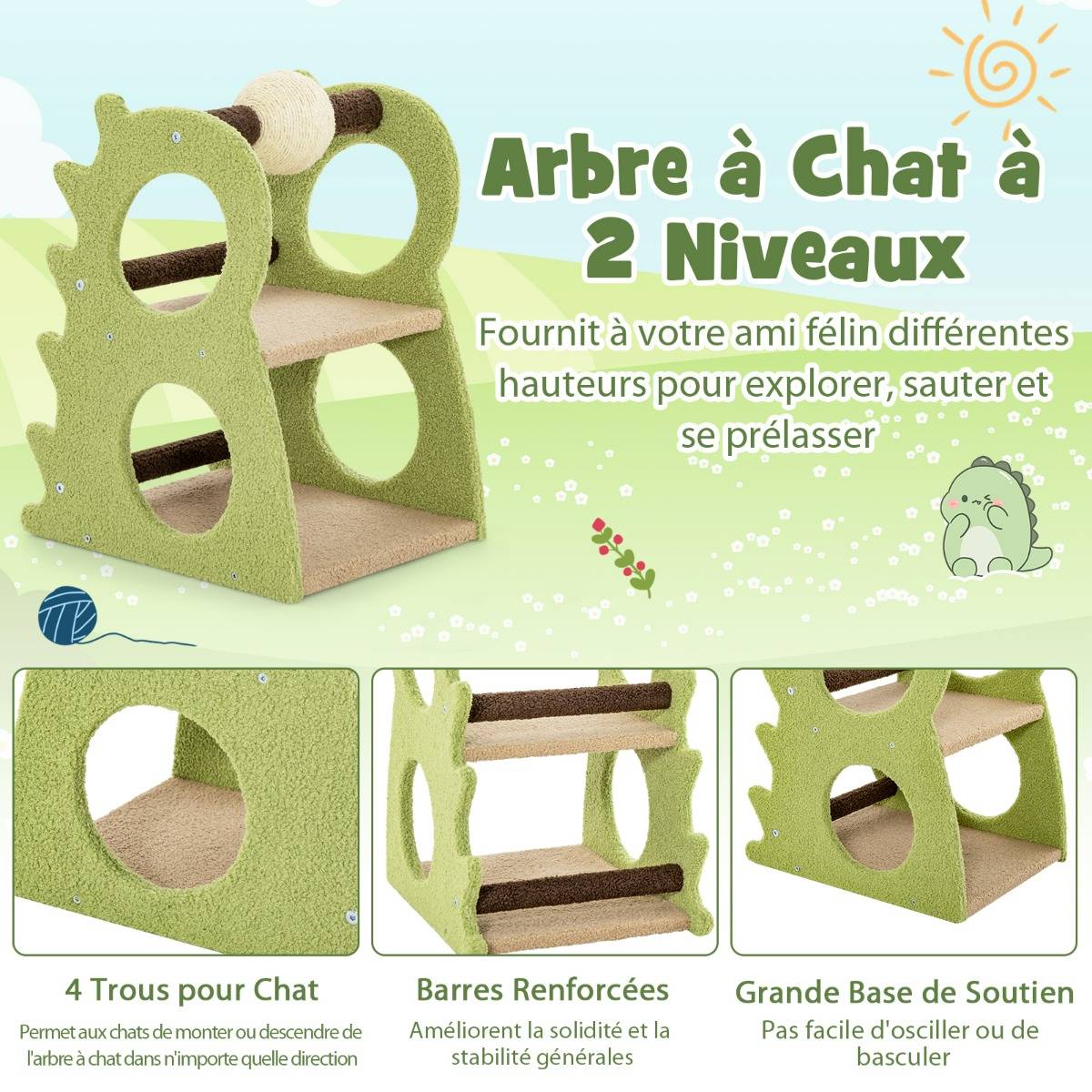 Arbre à Chat à 2 Niveaux pour Chats d'Intérieur en Dinosaure avec Balle Rotative en Sisal - Image 5