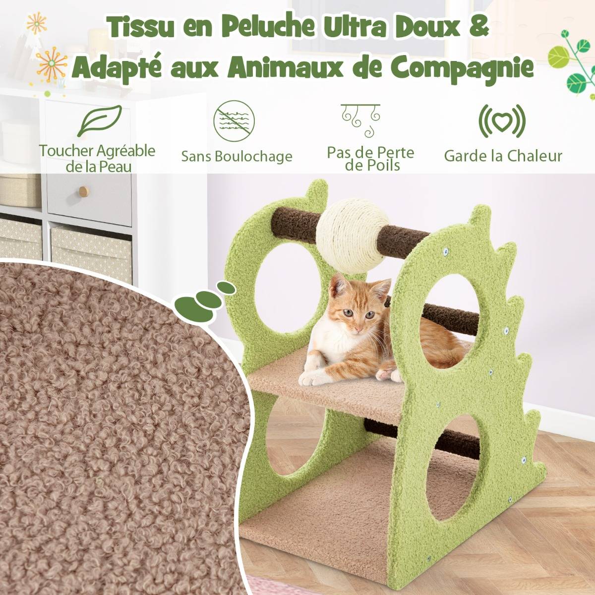 Arbre à Chat à 2 Niveaux pour Chats d'Intérieur en Dinosaure avec Balle Rotative en Sisal - Image 7