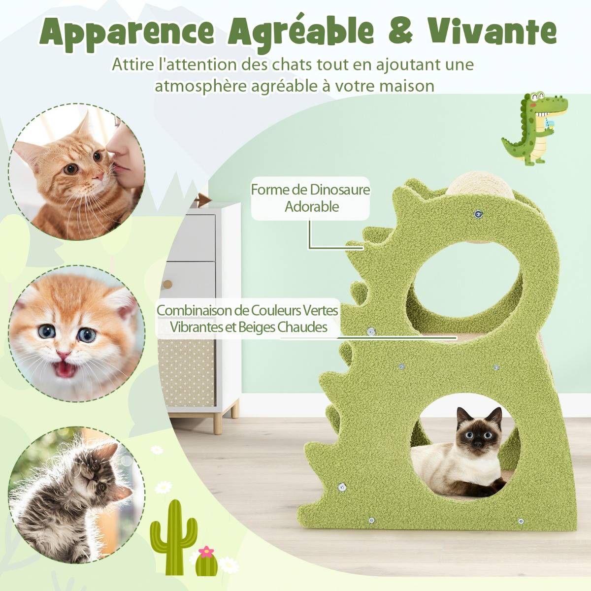 Arbre à Chat à 2 Niveaux pour Chats d'Intérieur en Dinosaure avec Balle Rotative en Sisal - Image 6