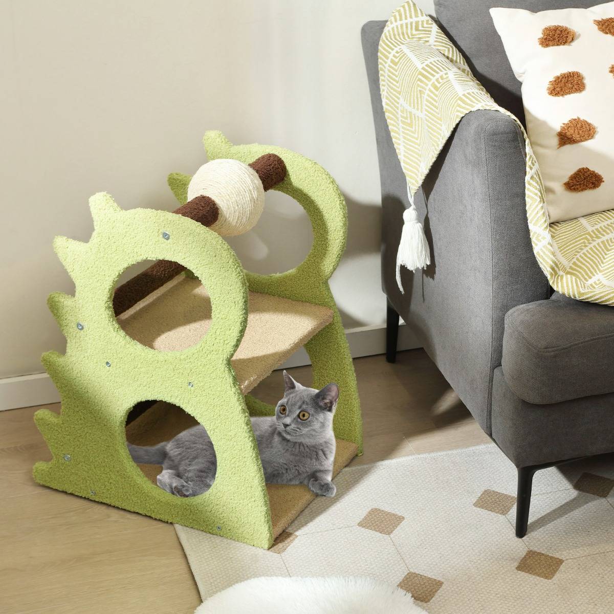 Arbre à Chat à 2 Niveaux pour Chats d'Intérieur en Dinosaure avec Balle Rotative en Sisal - Image 2
