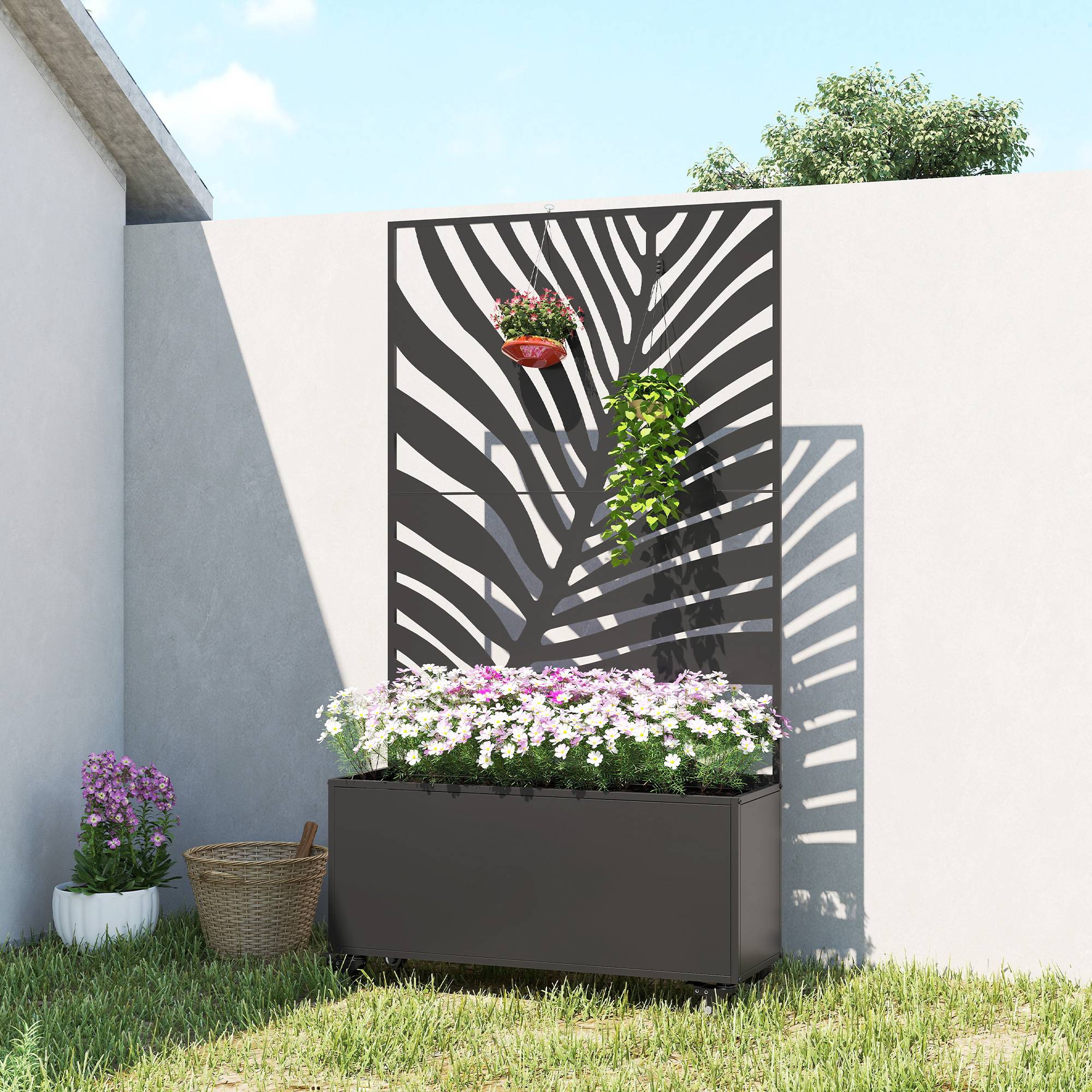 Jardinière avec treillis, bac à fleurs, avec brise-vue et roulettes verrouillables, métal, 90 x 30 x 160 cm, noir - Image 4