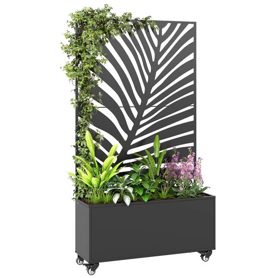 Jardinière avec treillis, bac à fleurs, avec brise-vue et roulettes verrouillables, métal, 90 x 30 x 160 cm, noir - Image 1