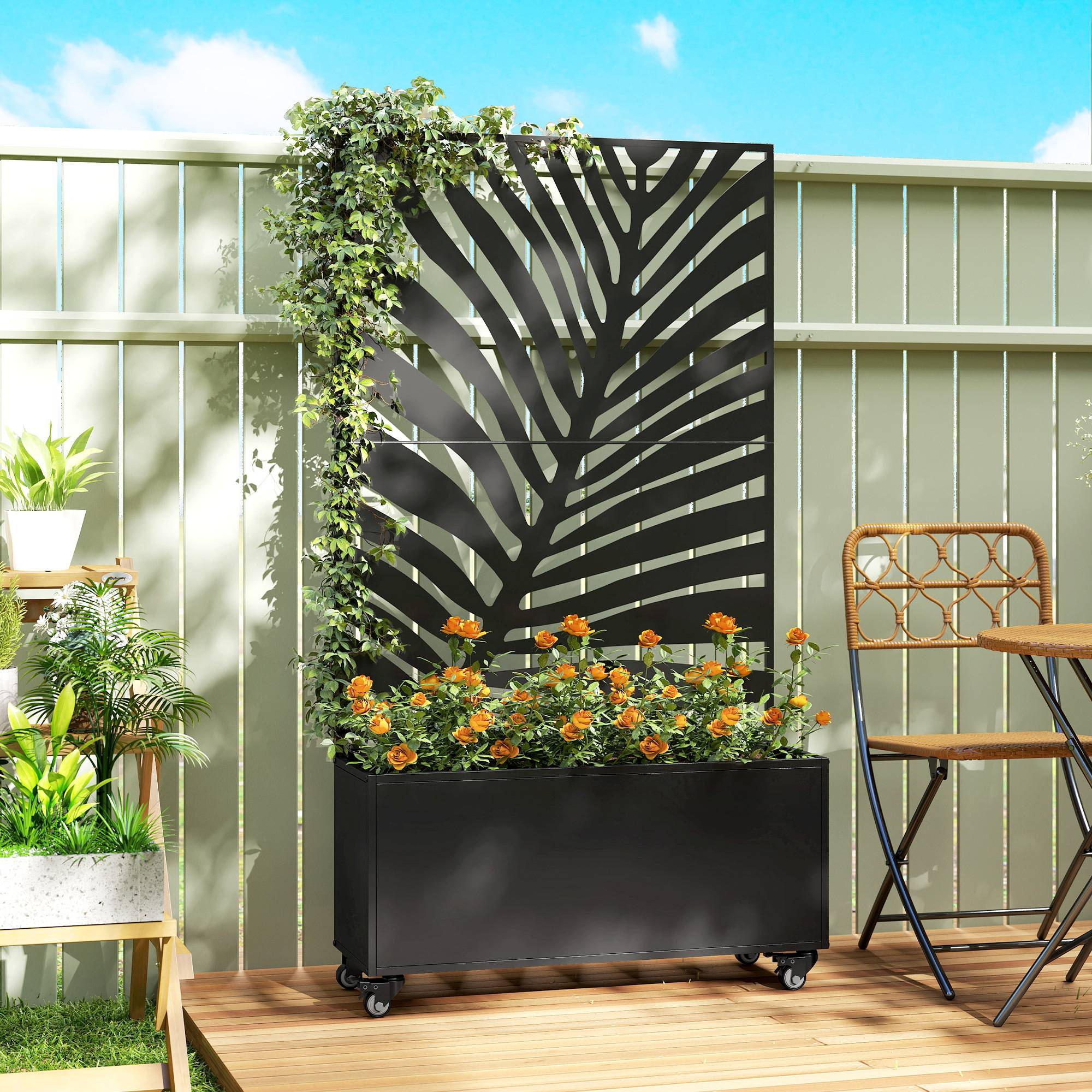 Jardinière avec treillis, bac à fleurs, avec brise-vue et roulettes verrouillables, métal, 90 x 30 x 160 cm, noir - Image 3