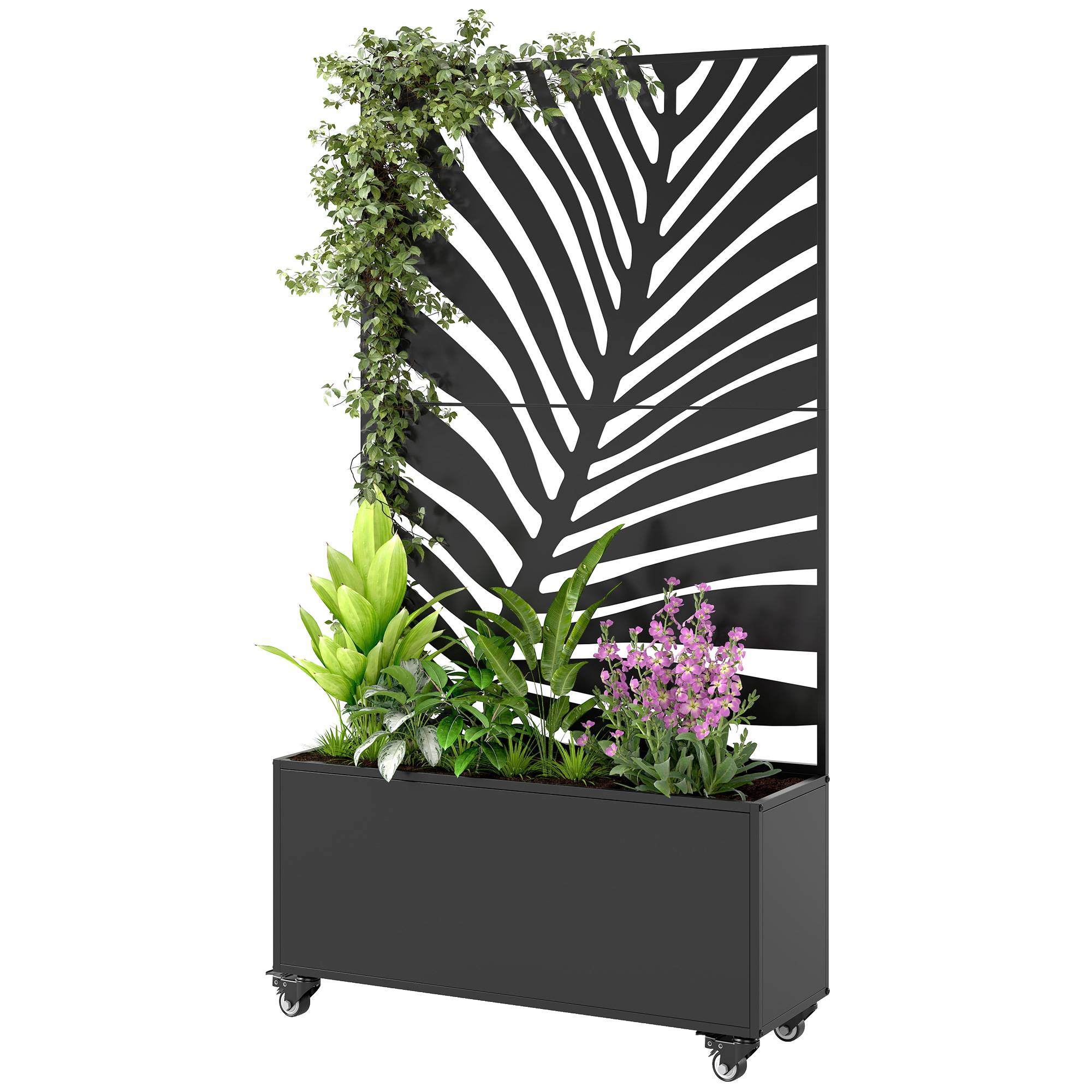 Jardinière avec treillis, bac à fleurs, avec brise-vue et roulettes verrouillables, métal, 90 x 30 x 160 cm, noir - Image 2