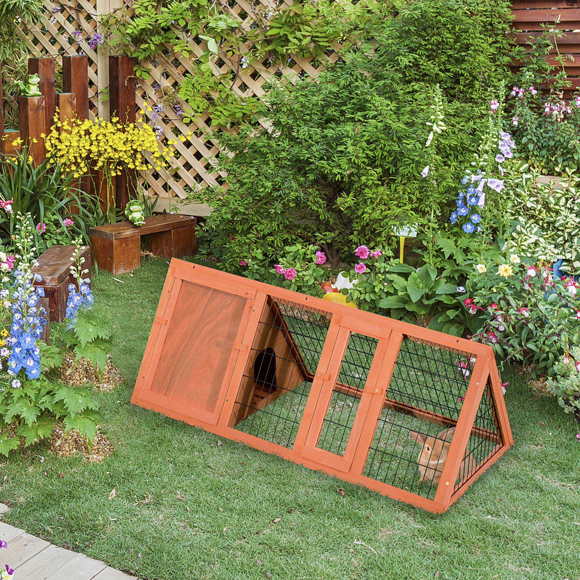 ComfortXL - Clapier à lapin extérieur en bois de sapin orange 118 x 50 x 45 cm avec abri et enclos grillagé pour petits animaux - Image 1