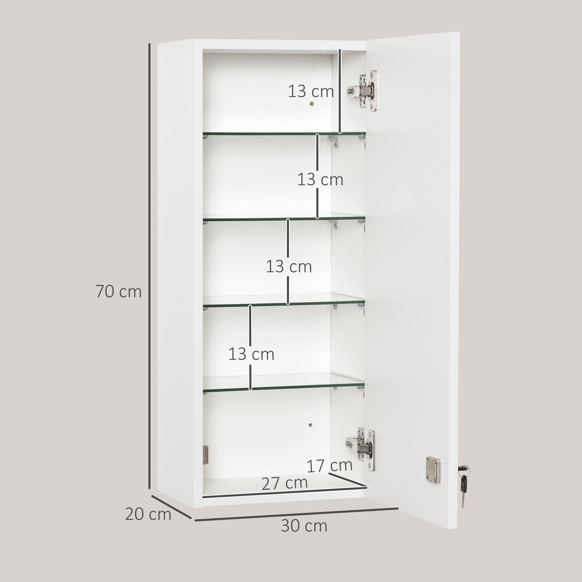 Sans Marque - Armoire pharmacie murale serrure 5 étagères tablettes réglables bois verre blanc 30x20x70cm - Image 5