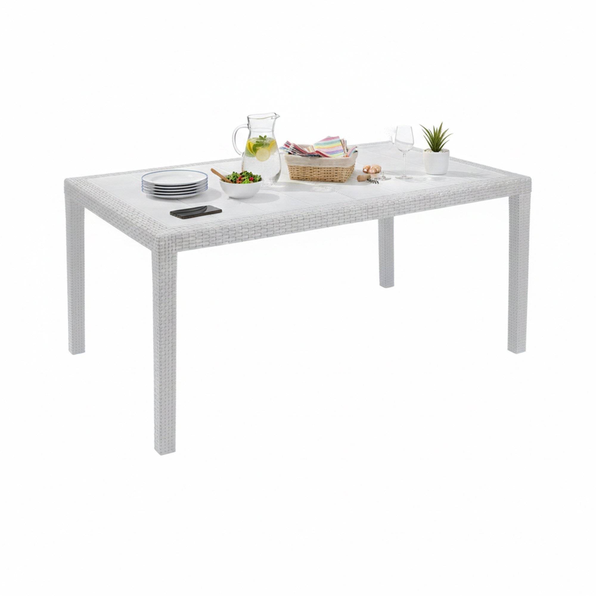 Dmora - Table d'extérieur Imola, Étagère rectangulaire fixe, Table de jardin polyvalente effet rotin, 100% Made in Italy, 138x78h72 cm, Blanc - Dmora - Imagen 1