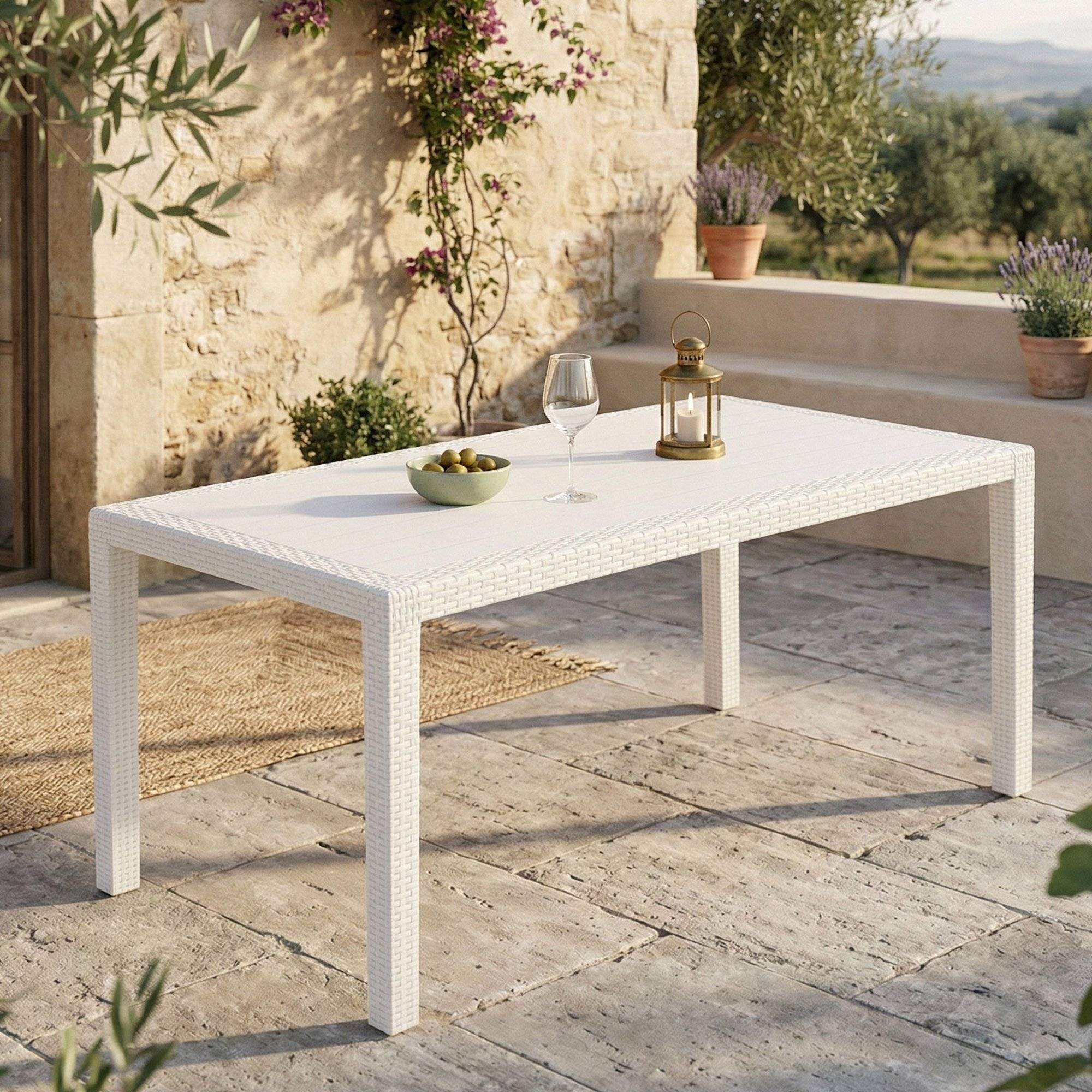 Dmora - Table d'extérieur Imola, Étagère rectangulaire fixe, Table de jardin polyvalente effet rotin, 100% Made in Italy, 138x78h72 cm, Blanc - Dmora - Imagen 2