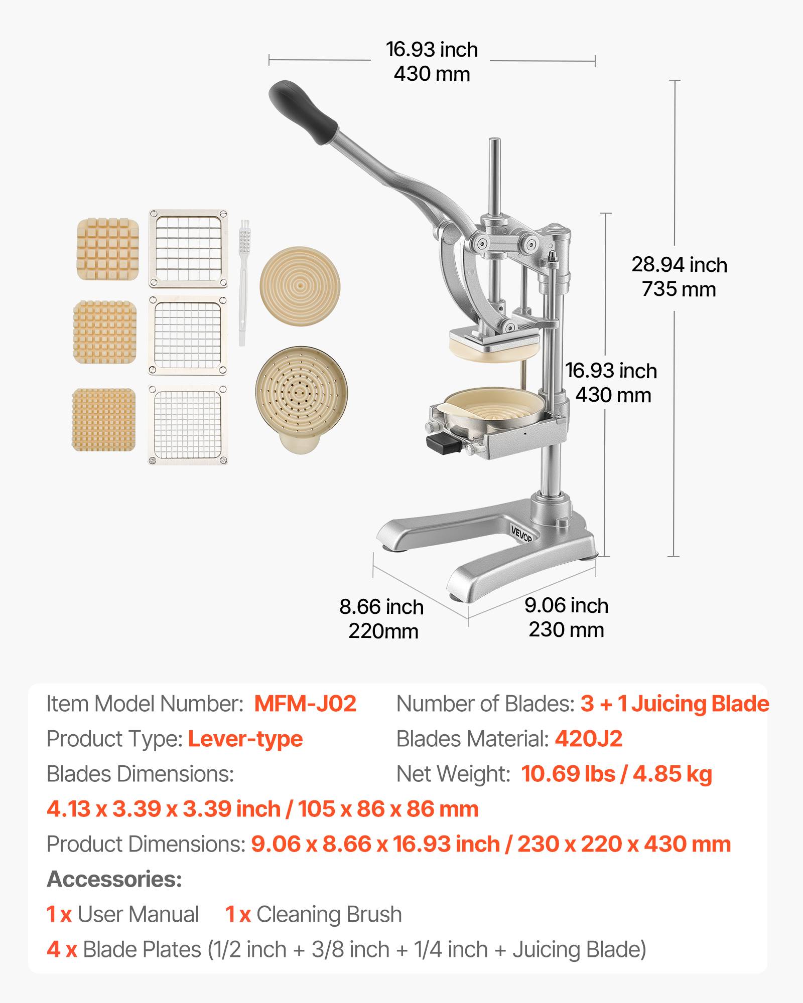 Vevor - VEVOR Coupe-frites manuel inox, 3 lames + lame extracteur, pieds antidérapants - Image 6