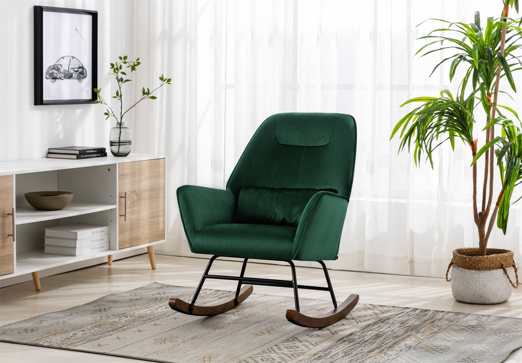 0 - Fauteuil à Bascule Rembourré en Velours Moderne pour Salon, Chaise à Bascule à Dossier Haut avec Pieds en Bois, Vert Foncé - Image 7