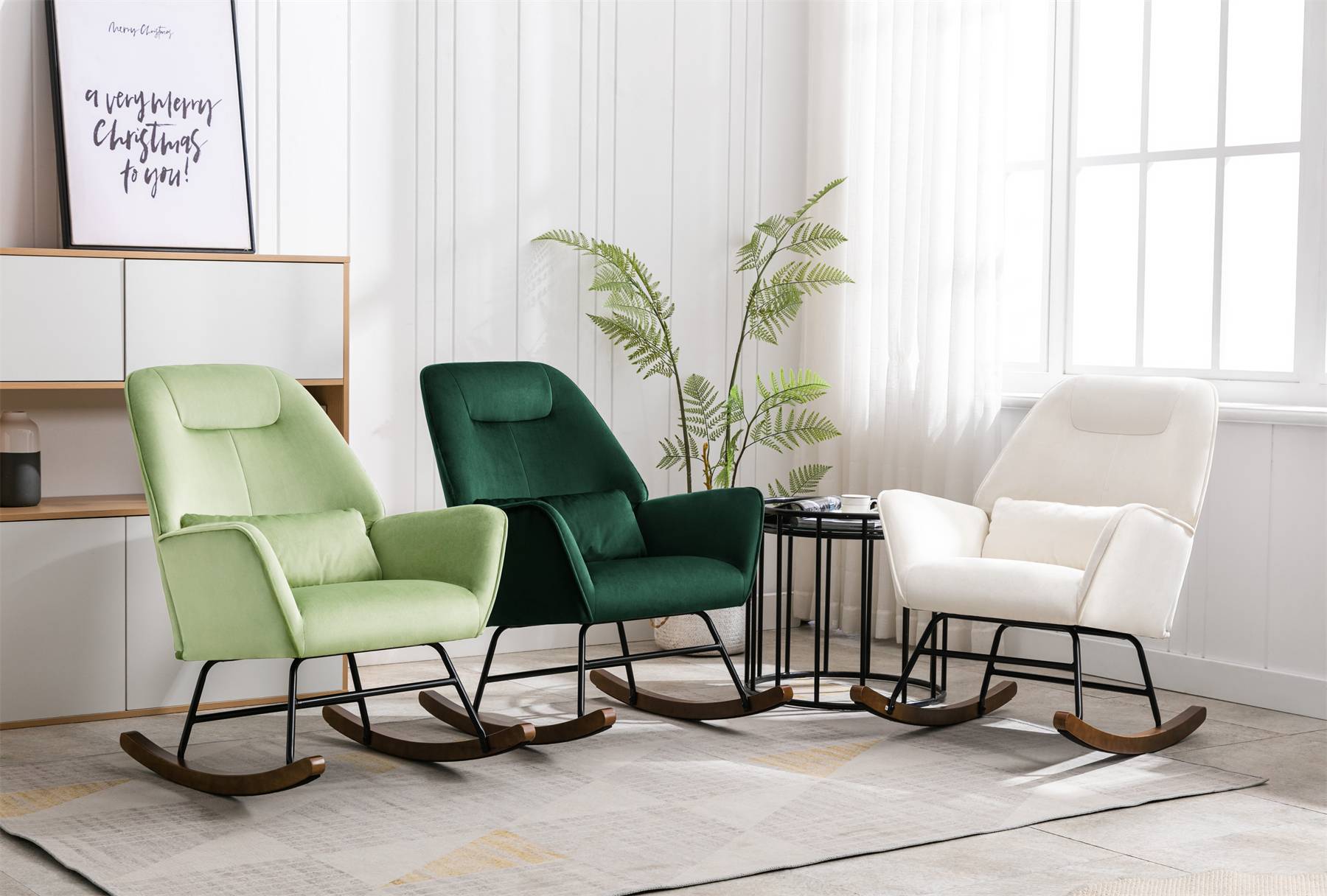 0 - Fauteuil à Bascule Rembourré en Velours Moderne pour Salon, Chaise à Bascule à Dossier Haut avec Pieds en Bois, Vert Foncé - Image 6