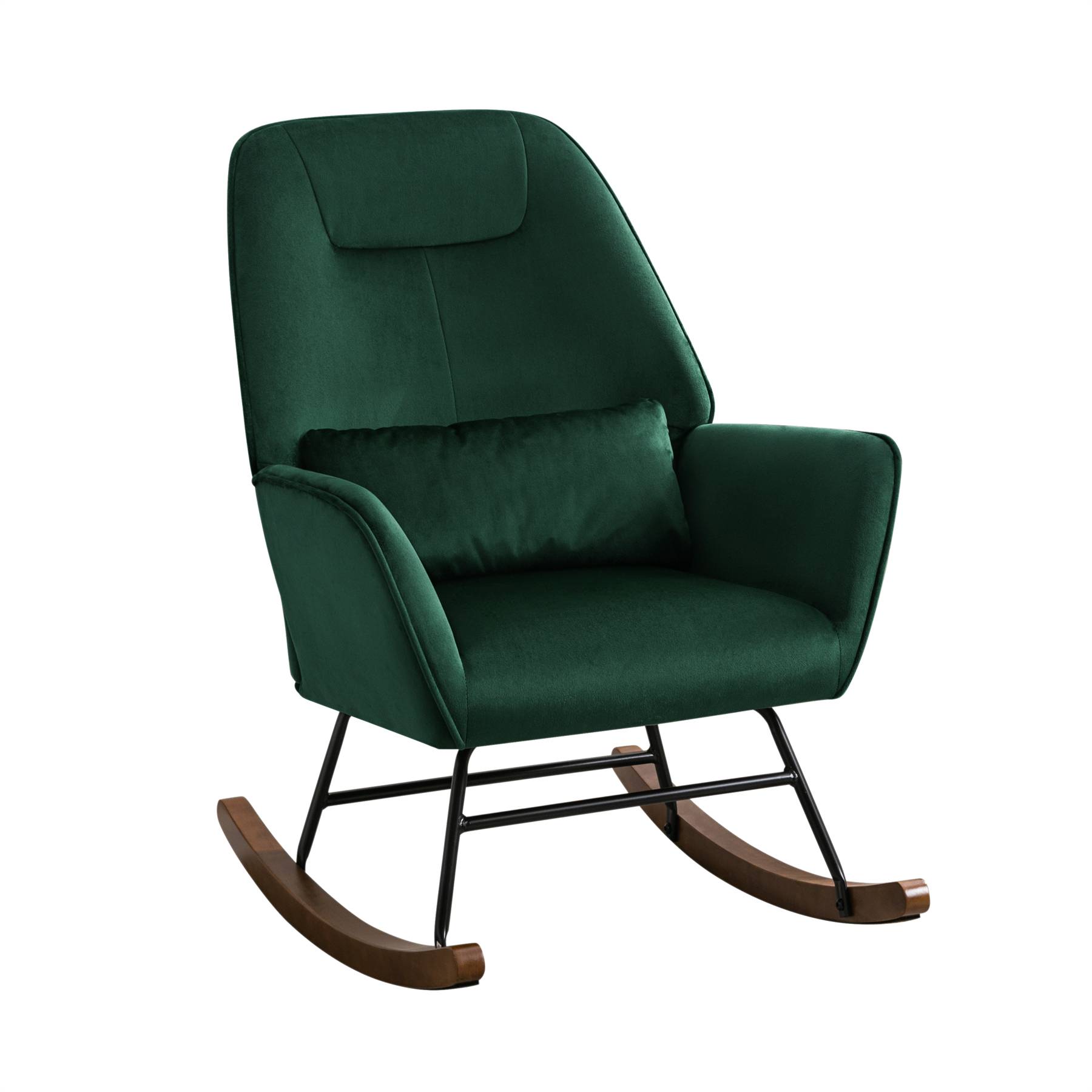 0 - Fauteuil à Bascule Rembourré en Velours Moderne pour Salon, Chaise à Bascule à Dossier Haut avec Pieds en Bois, Vert Foncé - Image 1