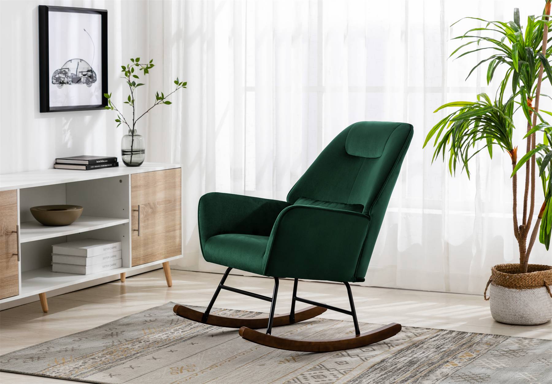 0 - Fauteuil à Bascule Rembourré en Velours Moderne pour Salon, Chaise à Bascule à Dossier Haut avec Pieds en Bois, Vert Foncé - Image 8
