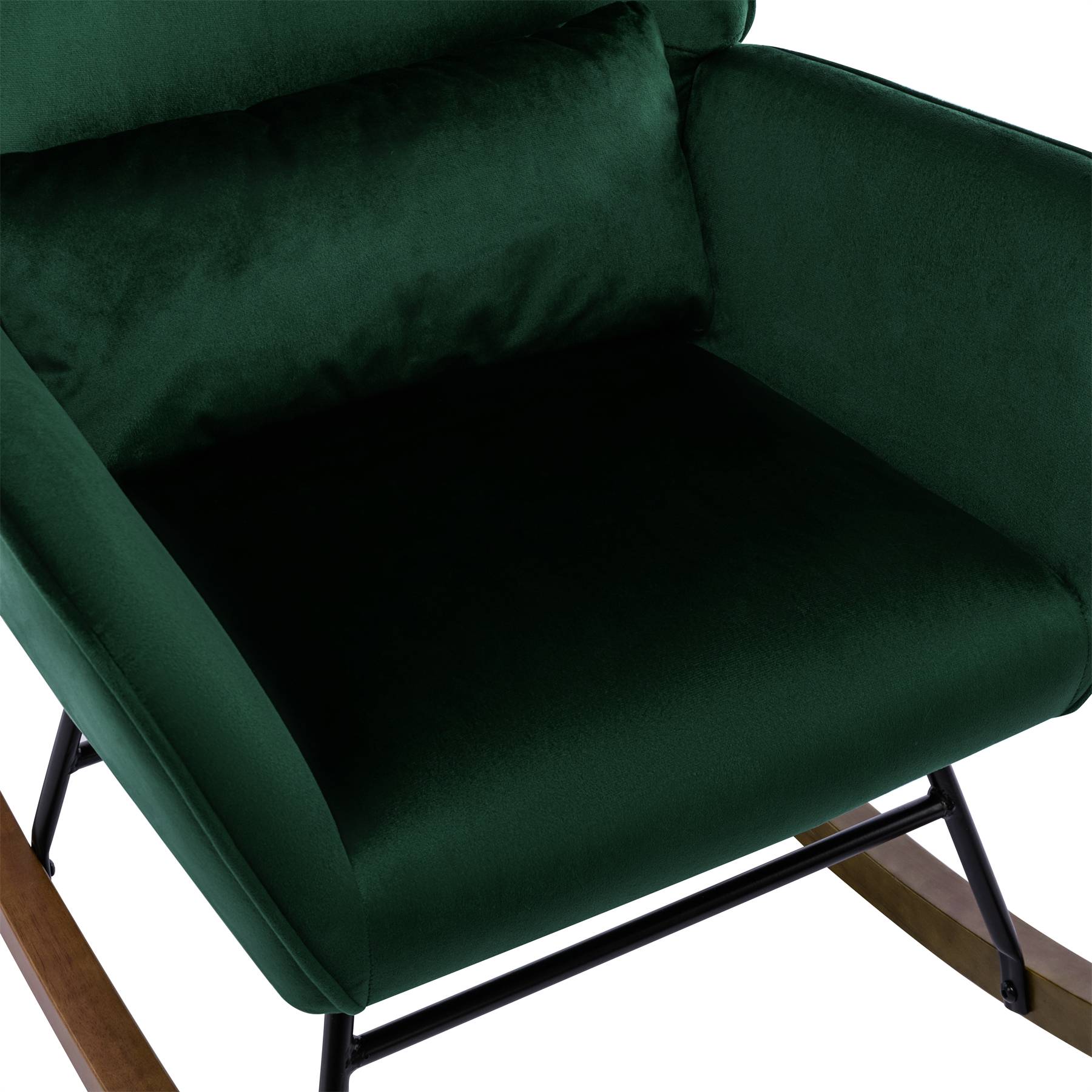 0 - Fauteuil à Bascule Rembourré en Velours Moderne pour Salon, Chaise à Bascule à Dossier Haut avec Pieds en Bois, Vert Foncé - Image 3