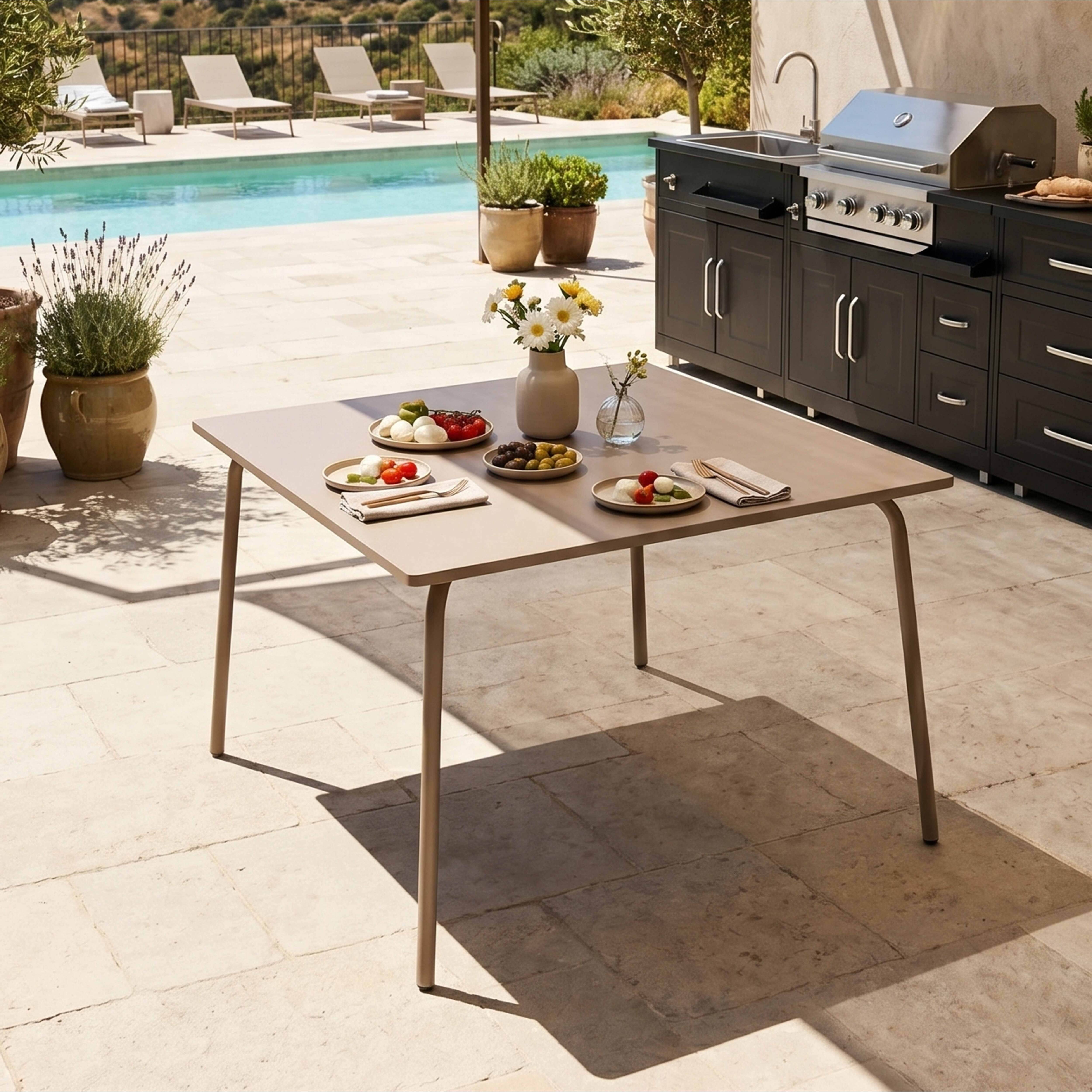 Oviala - Table de jardin carrée en acier 8 places 120 cm taupe Palavas - Oviala - Imagen 2