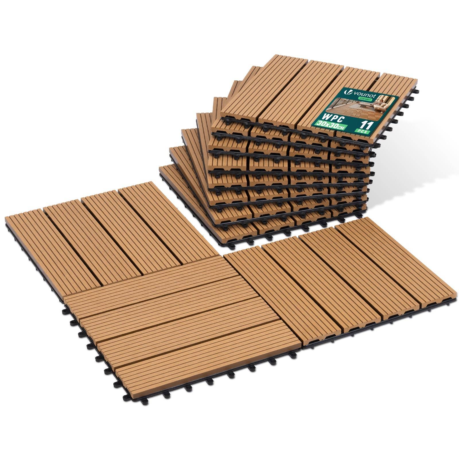 Vounot - Lot de 11 Dalles clipsables extérieur 30x30 cm - WPC - Caillebotis de terrasse antidérapant et drainant - Couleur bois - VOUNOT® - Image 1