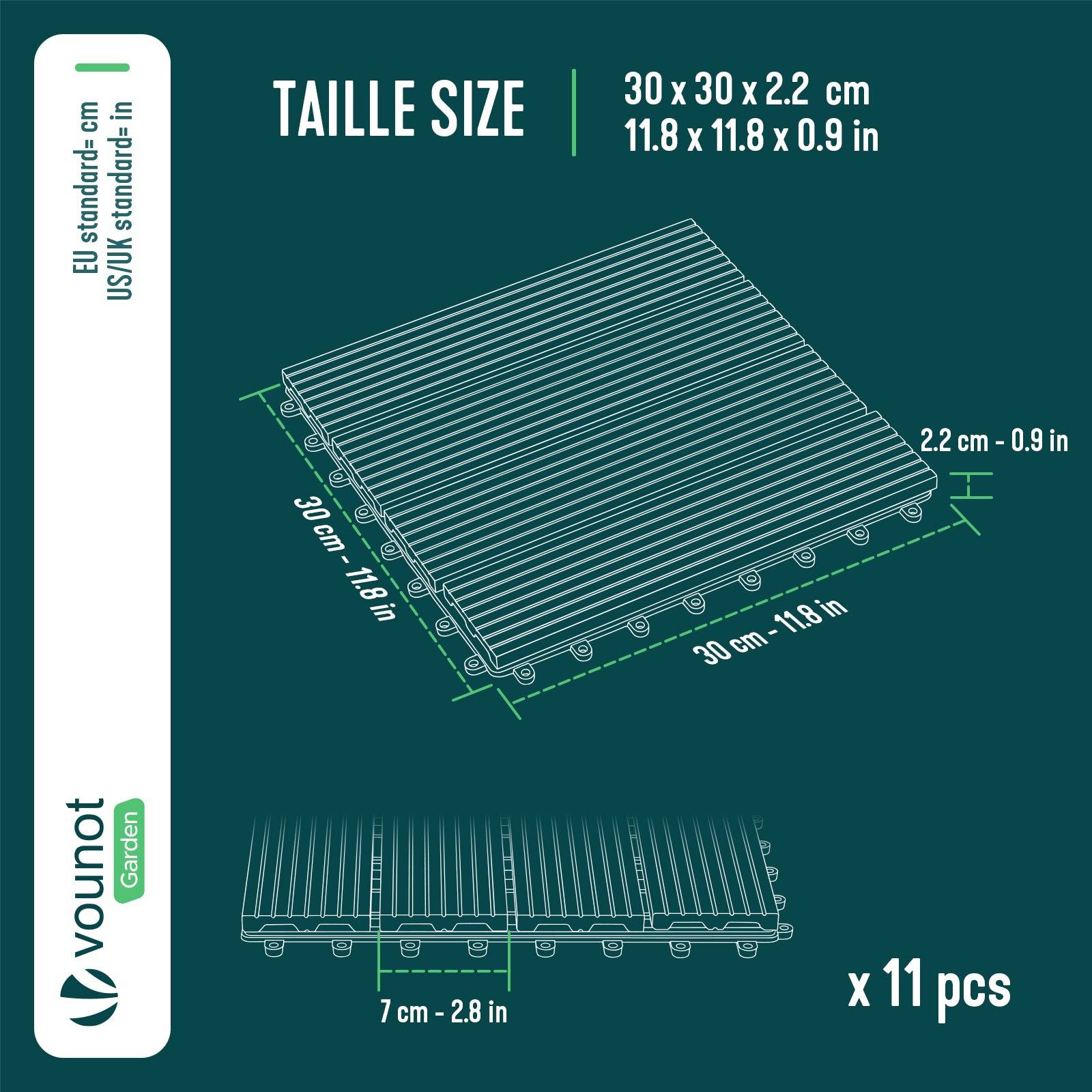 Vounot - Lot de 11 Dalles clipsables extérieur 30x30 cm - WPC - Caillebotis de terrasse antidérapant et drainant - Couleur bois - VOUNOT® - Image 3