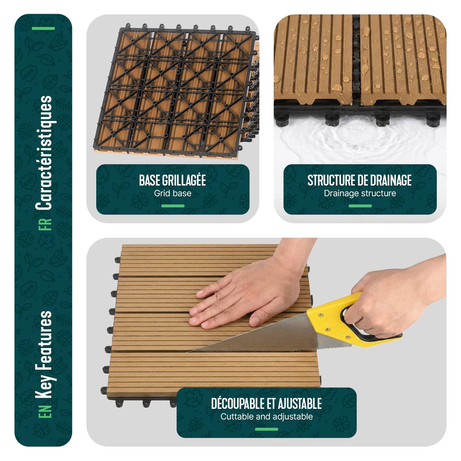 Vounot - Lot de 11 Dalles clipsables extérieur 30x30 cm - WPC - Caillebotis de terrasse antidérapant et drainant - Couleur bois - VOUNOT® - Image 6