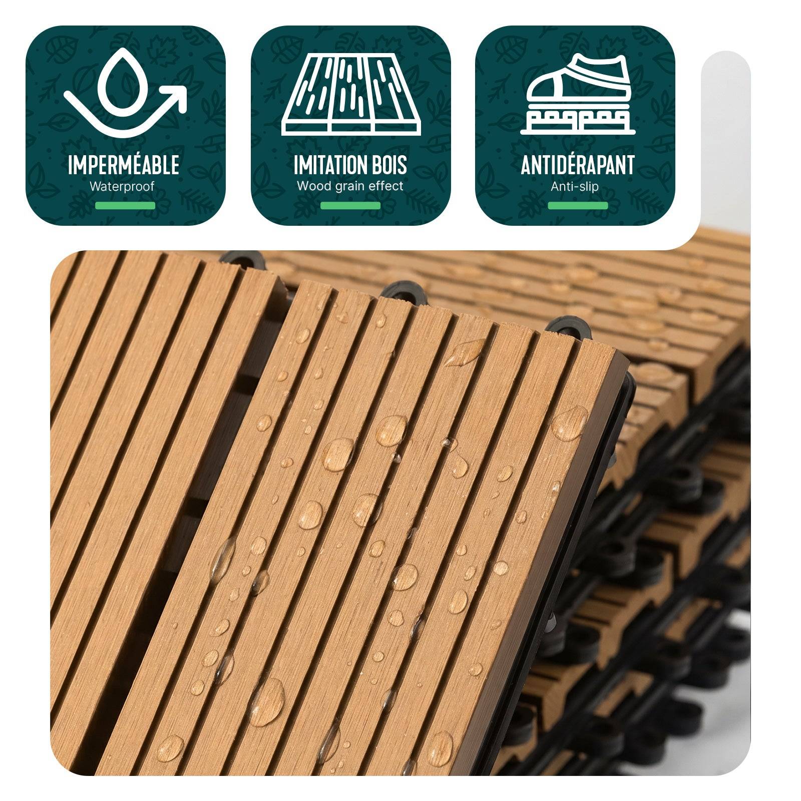 Vounot - Lot de 11 Dalles clipsables extérieur 30x30 cm - WPC - Caillebotis de terrasse antidérapant et drainant - Couleur bois - VOUNOT® - Image 4