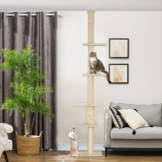 Arbre à chat bois peluche intérieur hauteur ajustable plafond 275cm blanc crème - ComfortXL Outdoor Living - Image 4