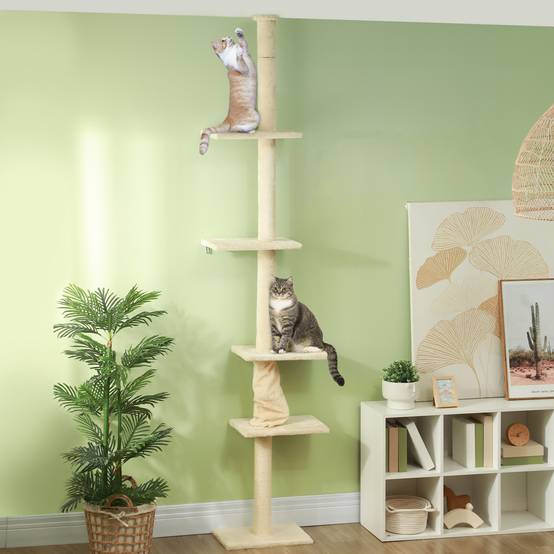 Arbre à chat bois peluche intérieur hauteur ajustable plafond 275cm blanc crème - ComfortXL Outdoor Living - Image 3