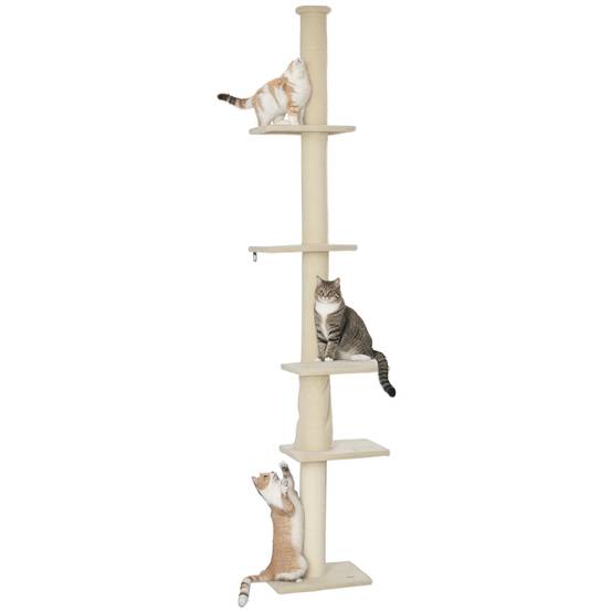 Arbre à chat bois peluche intérieur hauteur ajustable plafond 275cm blanc crème - ComfortXL Outdoor Living - Image 1