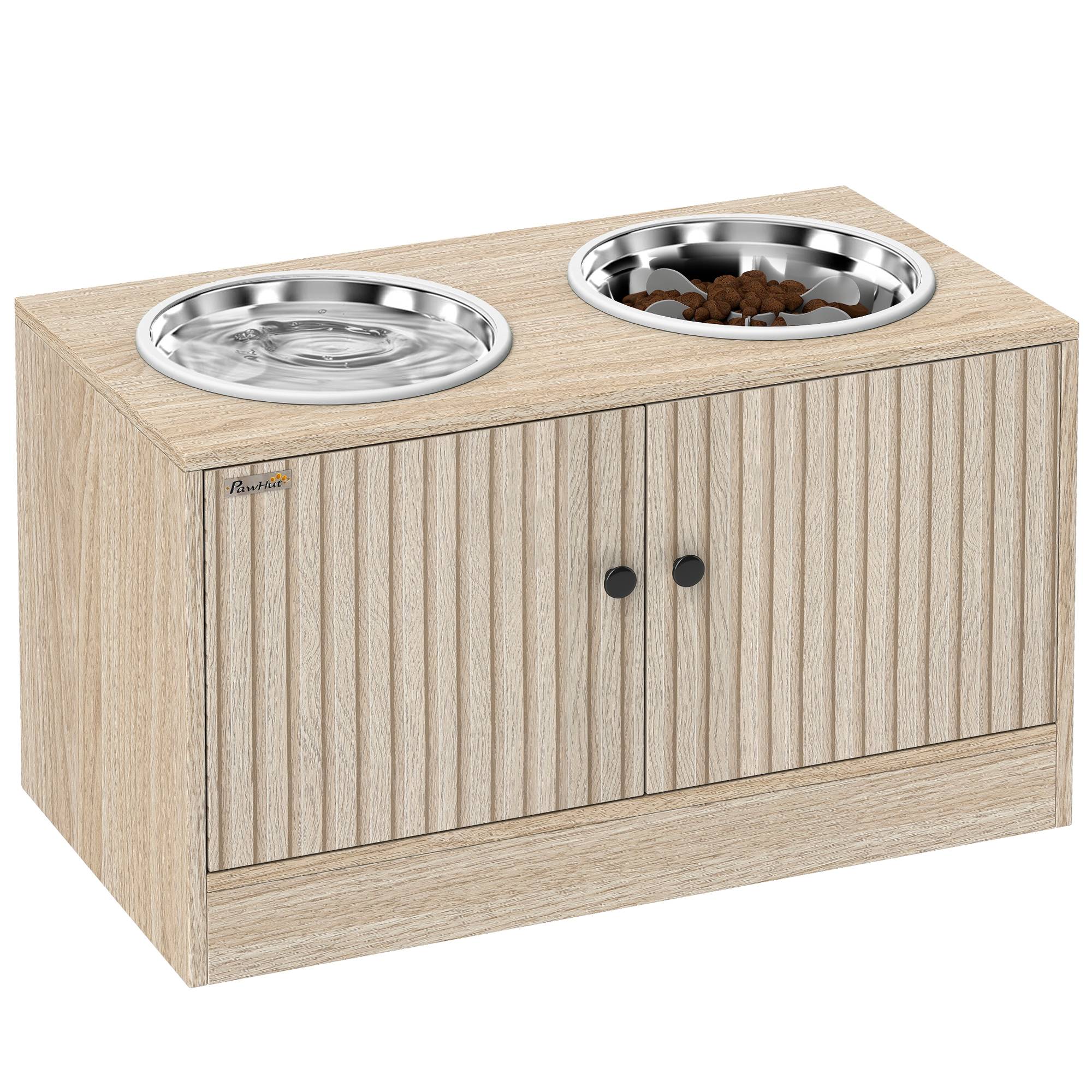 Gamelles pour chiens surélevées porte-gamelles avec rangement de 40L, 2 bols en acier inoxydable 60 x 30 x 35,5 cm chêne - Image 1