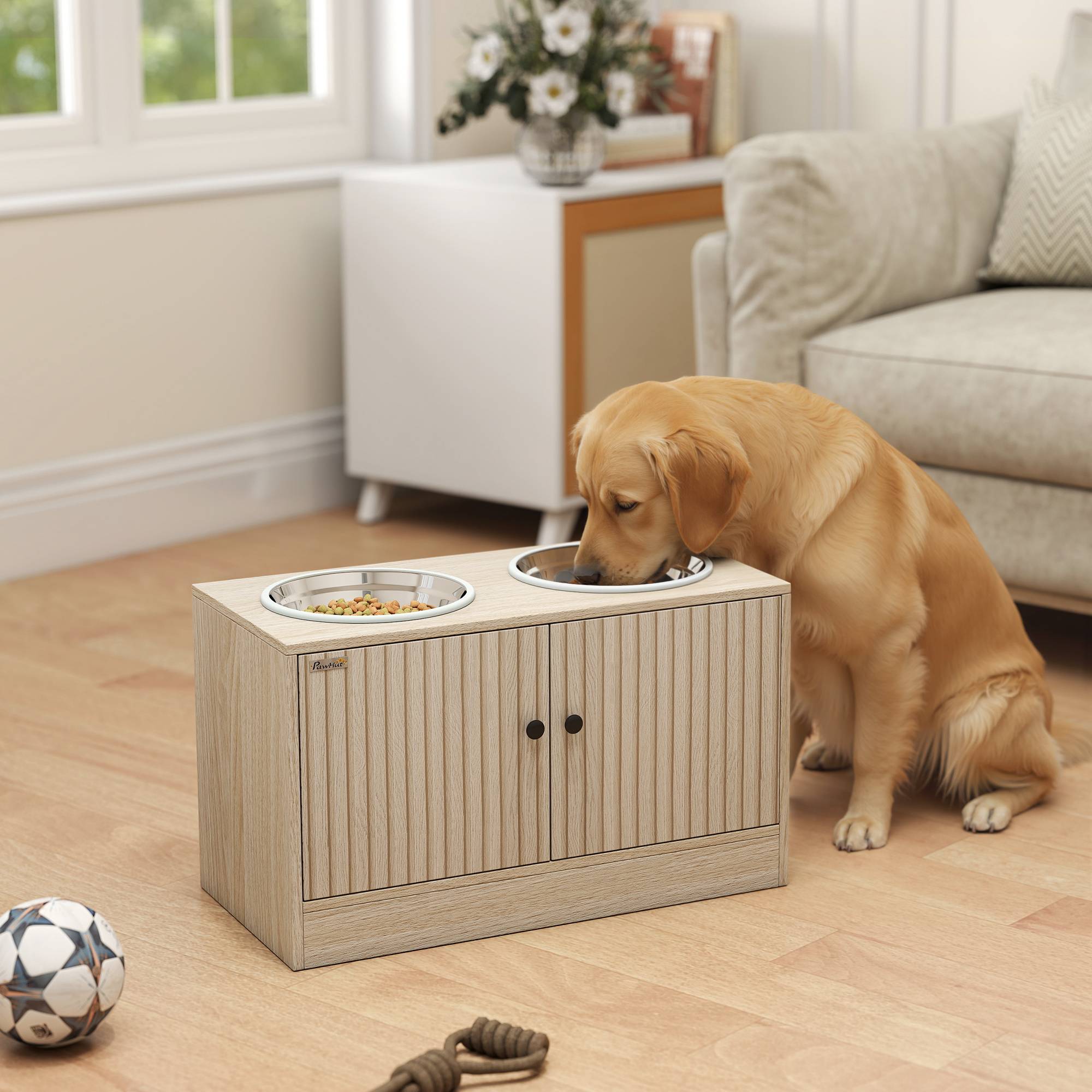 Gamelles pour chiens surélevées porte-gamelles avec rangement de 40L, 2 bols en acier inoxydable 60 x 30 x 35,5 cm chêne - Image 3