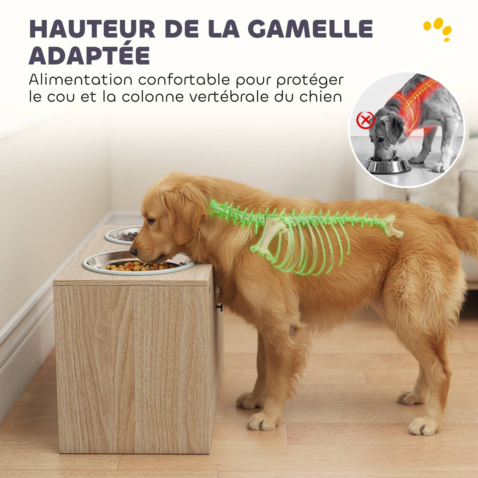 Gamelles pour chiens surélevées porte-gamelles avec rangement de 40L, 2 bols en acier inoxydable 60 x 30 x 35,5 cm chêne - Image 6