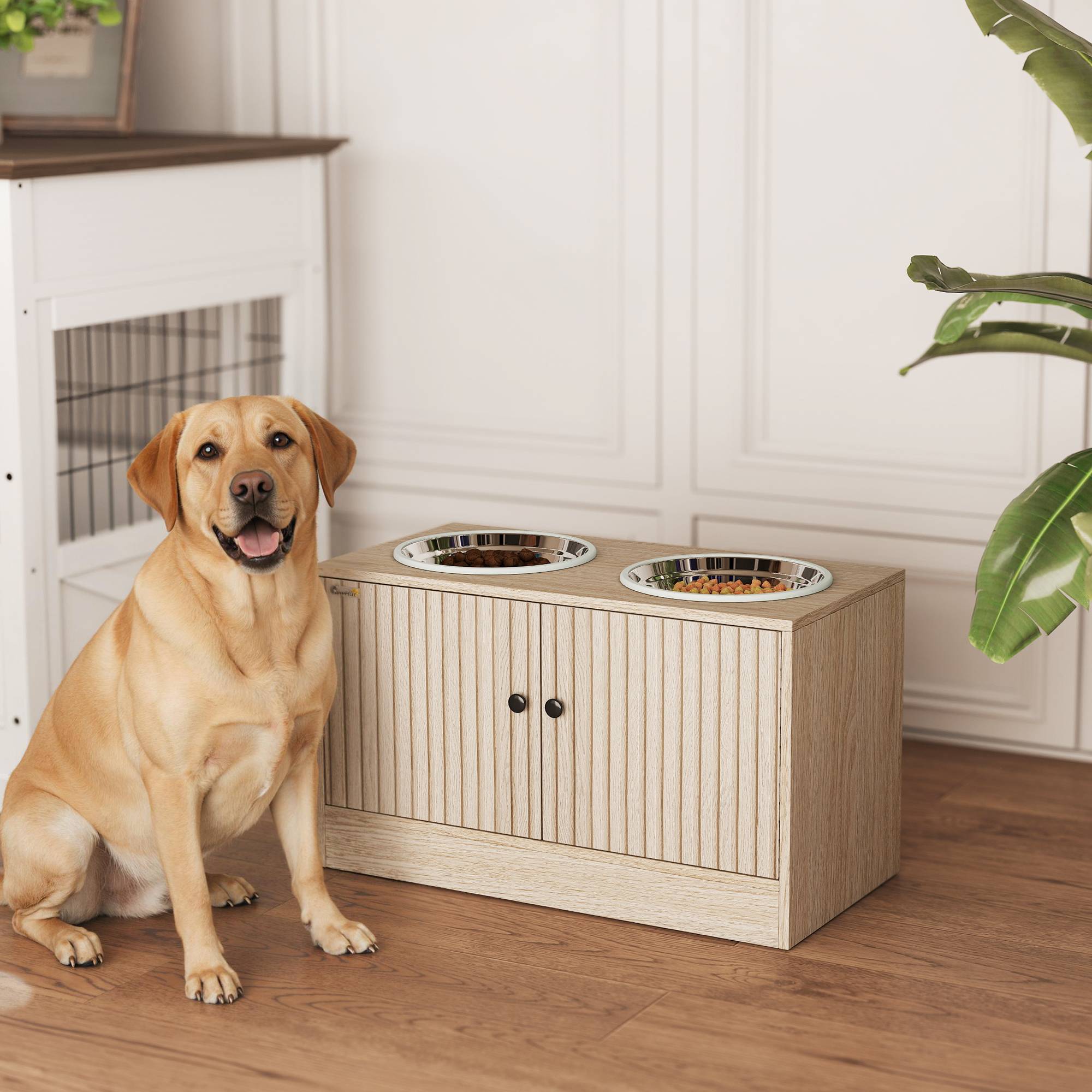 Gamelles pour chiens surélevées porte-gamelles avec rangement de 40L, 2 bols en acier inoxydable 60 x 30 x 35,5 cm chêne - Image 4