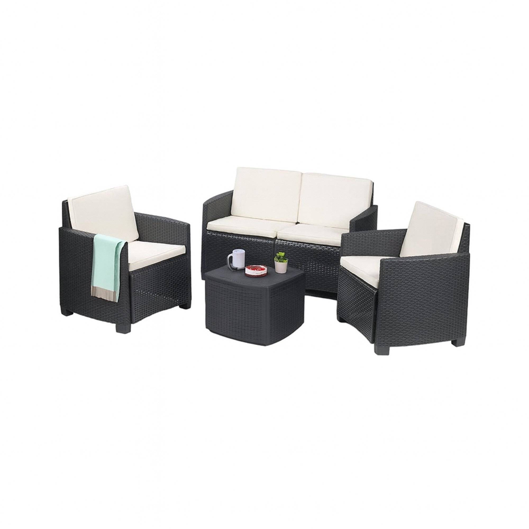 Dmora - Salon d'extérieur Dbacc, composition de jardin avec 2 fauteuils, 1 canapé et 1 table de rangement, effet rotin avec coussins, Anthracite - Dmora - Imagen 1