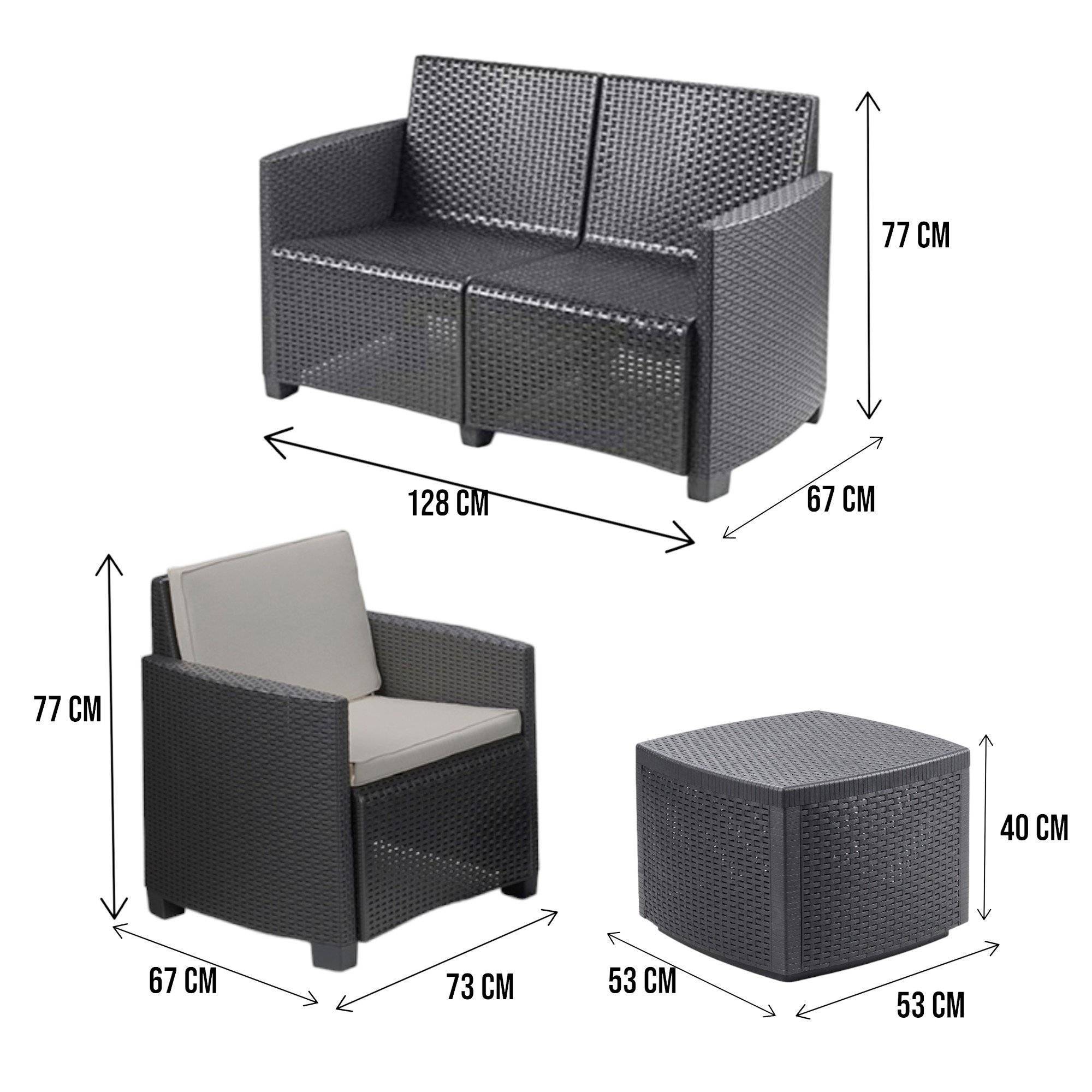 Dmora - Salon d'extérieur Dbacc, composition de jardin avec 2 fauteuils, 1 canapé et 1 table de rangement, effet rotin avec coussins, Anthracite - Dmora - Imagen 3