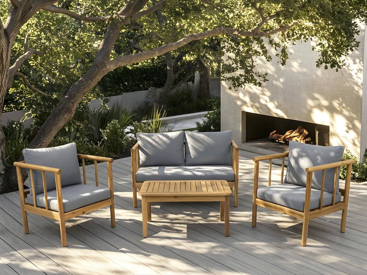 Salon De Jardin En Bois Avec Coussins Inclus "milano" - 4 Places - Gris -habitat Et Jardin - Image 2