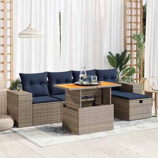Salon de Jardin Modulable Rotin Synthétique 6 Pièces avec Coffres de Rangement pour Terrasse Gris Coussins Bleus – ComfortXL Outdoor Living - Image 1