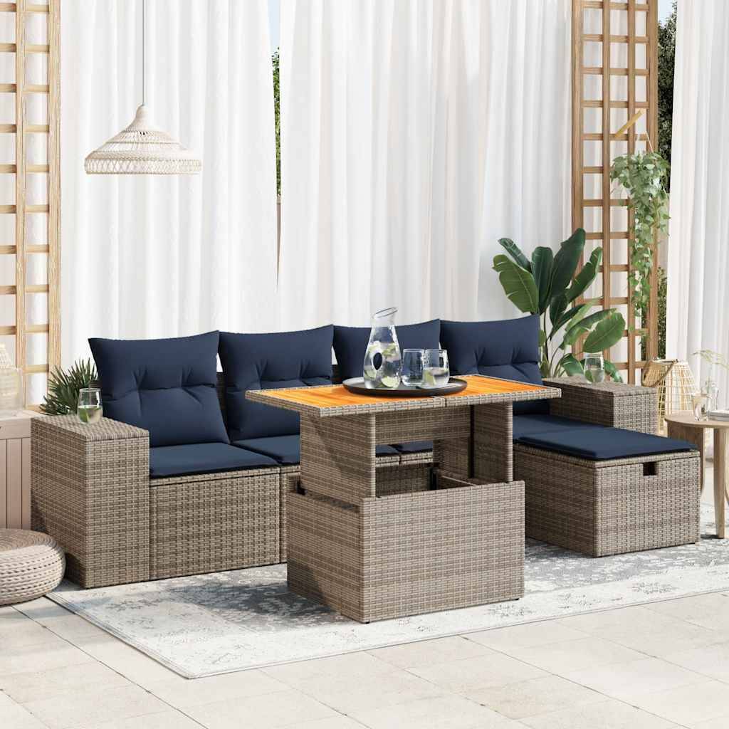 Salon de Jardin Modulable Rotin Synthétique 6 Pièces avec Coffres de Rangement pour Terrasse Gris Coussins Bleus – ComfortXL Outdoor Living - Image 1