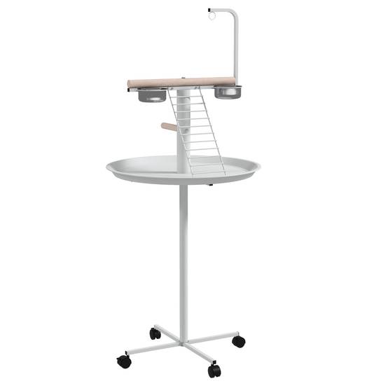 ComfortXL - Perchoir pour perroquet acier et sapin Ø60 x 138 cm blanc naturel sur roulettes avec échelle balançoire et mangeoires - Image 10