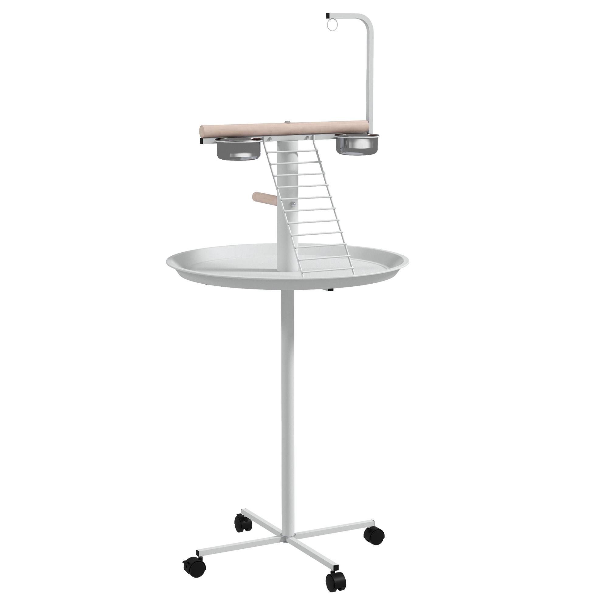 ComfortXL - Perchoir pour perroquet acier et sapin Ø60 x 138 cm blanc naturel sur roulettes avec échelle balançoire et mangeoires - Image 10