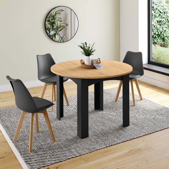 Table à manger extensible ronde DONA 4-8 personnes noire plateau façon hêtre 110-150 cm - Image 4